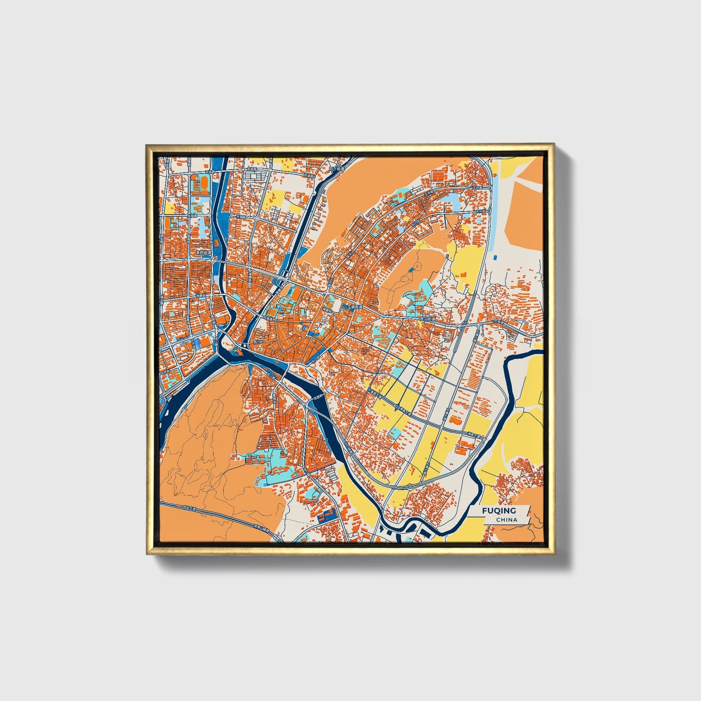 Fuqing China Colorful City Map Canvas Print • Gold Framed