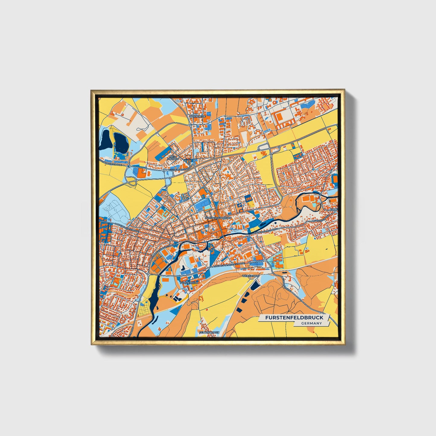 Fürstenfeldbruck Germany Colorful City Map Canvas Print • Gold Framed