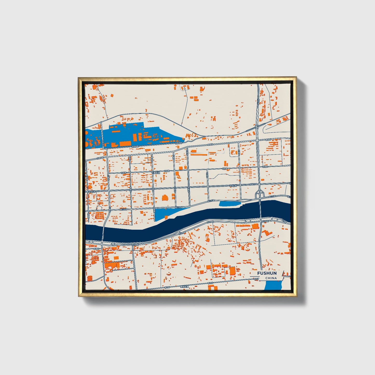 Fushun China Colorful City Map Canvas Print • Gold Framed