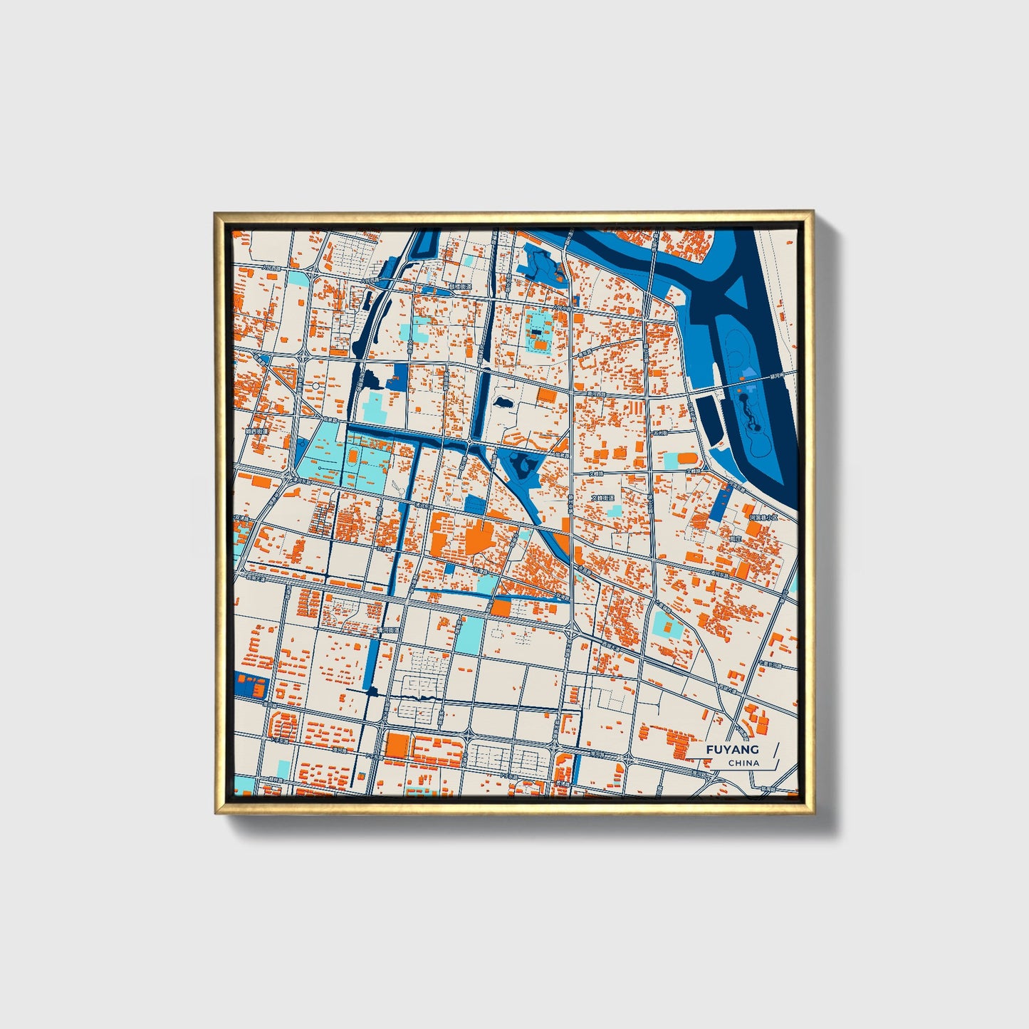 Fuyang China Colorful City Map Canvas Print • Gold Framed