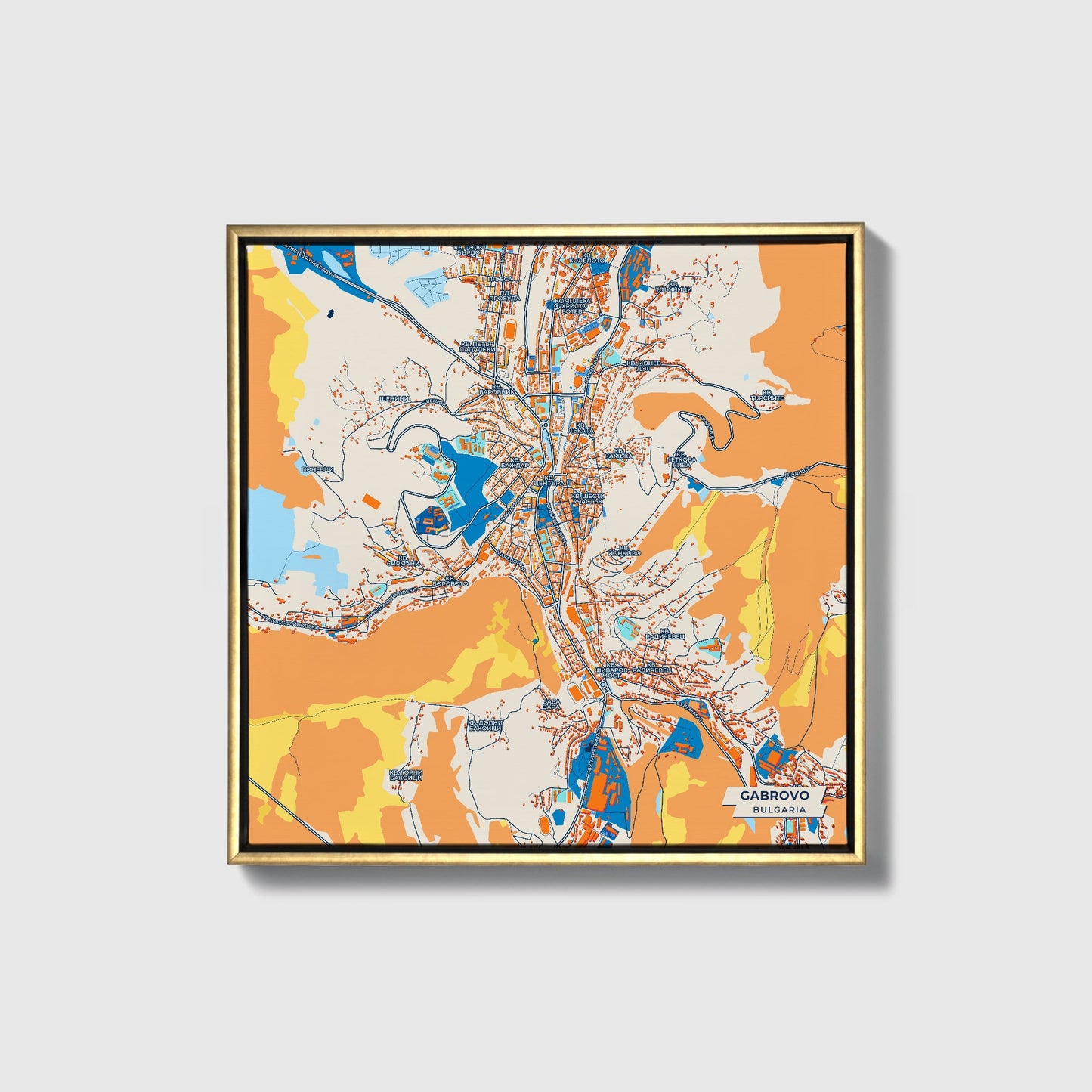 Габрово Bulgaria Colorful City Map Canvas Print • Gold Framed