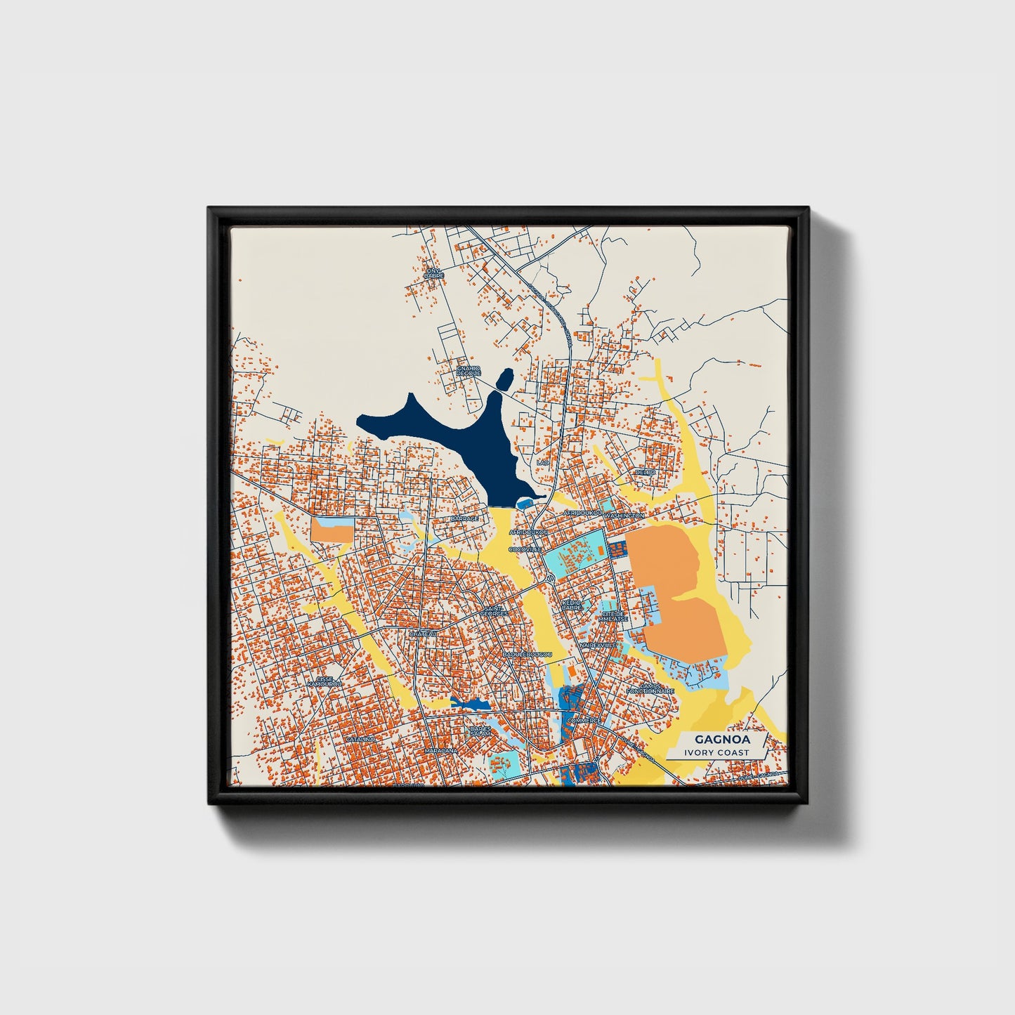 Gagnoa Ivory Coast Colorful City Map Canvas Print • Black Framed
