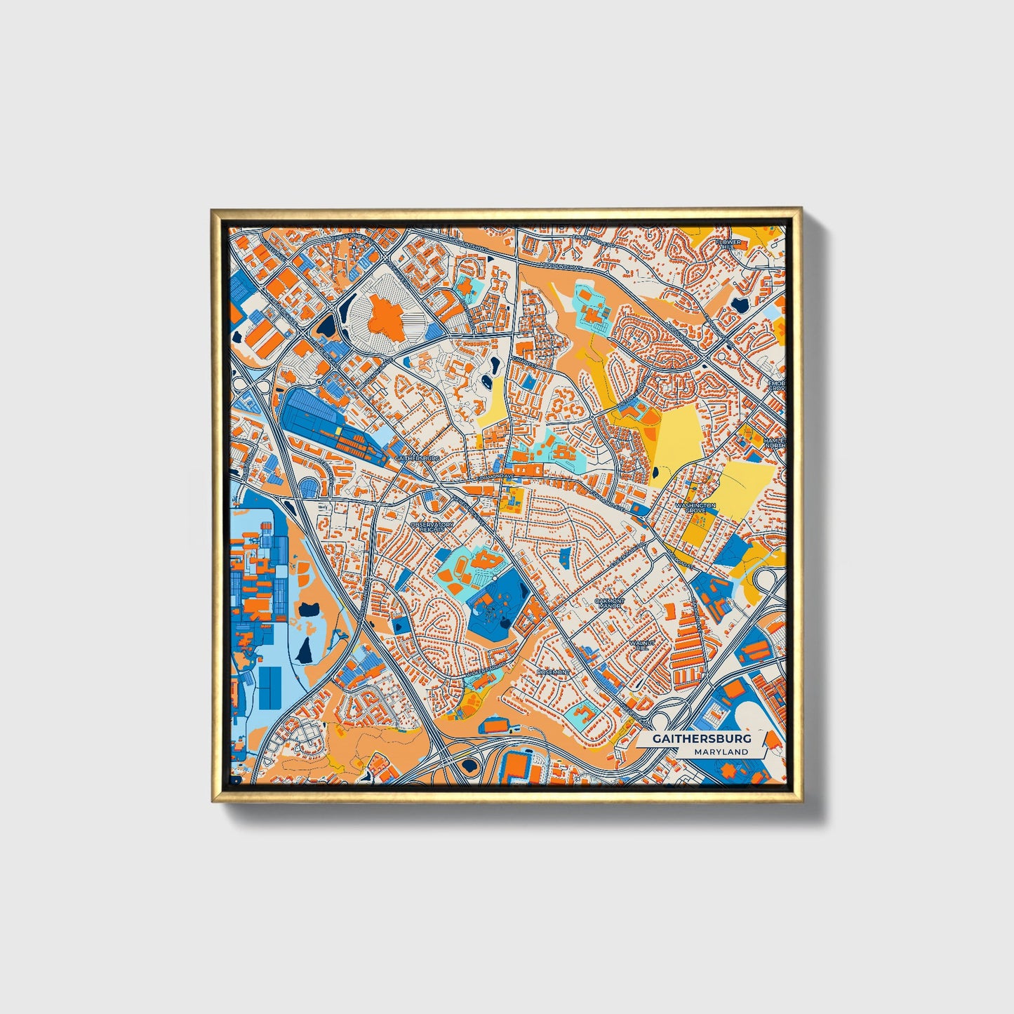 Gaithersburg Maryland Colorful City Map Canvas Print • Gold Framed