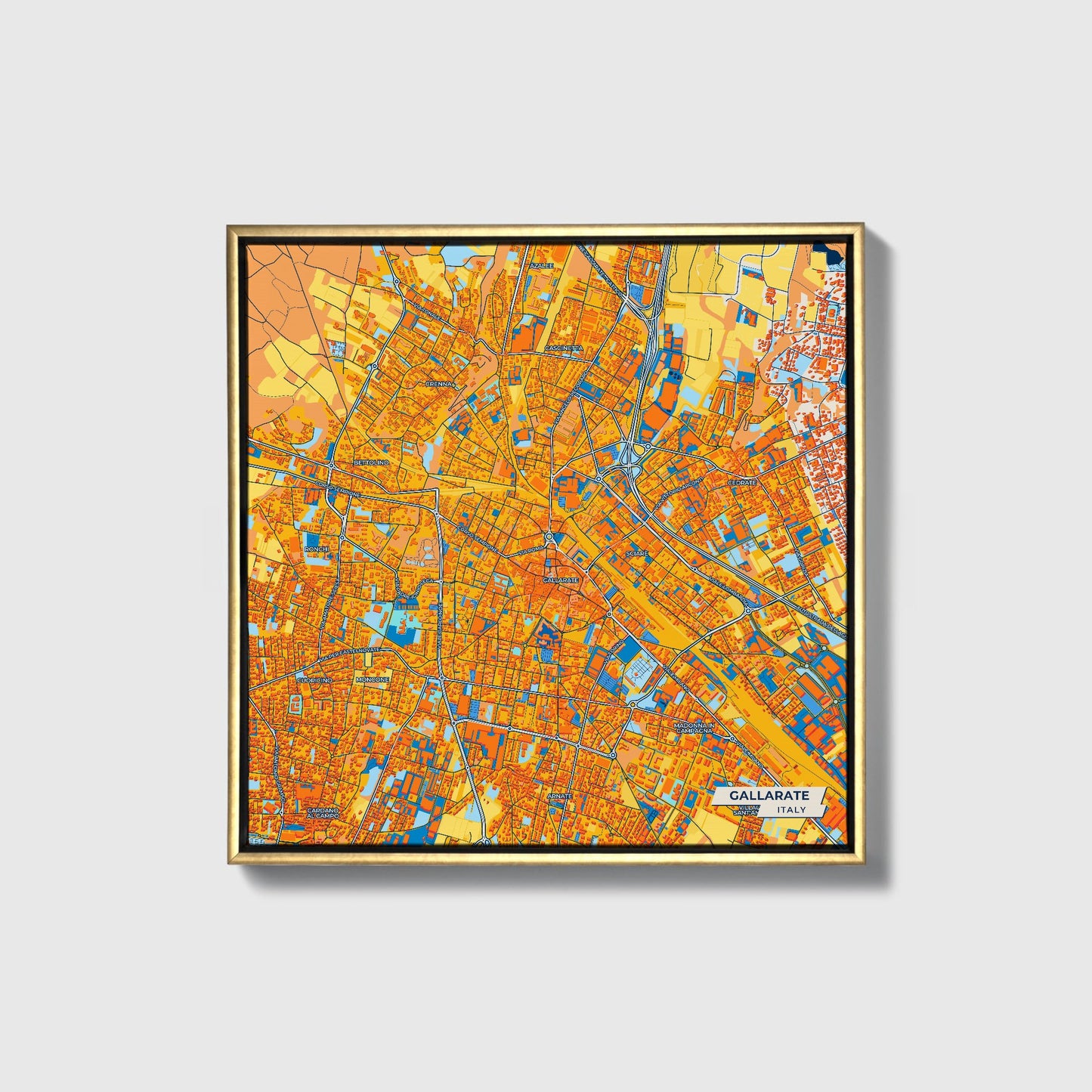 Gallarate Italy Colorful City Map Canvas Print • Gold Framed