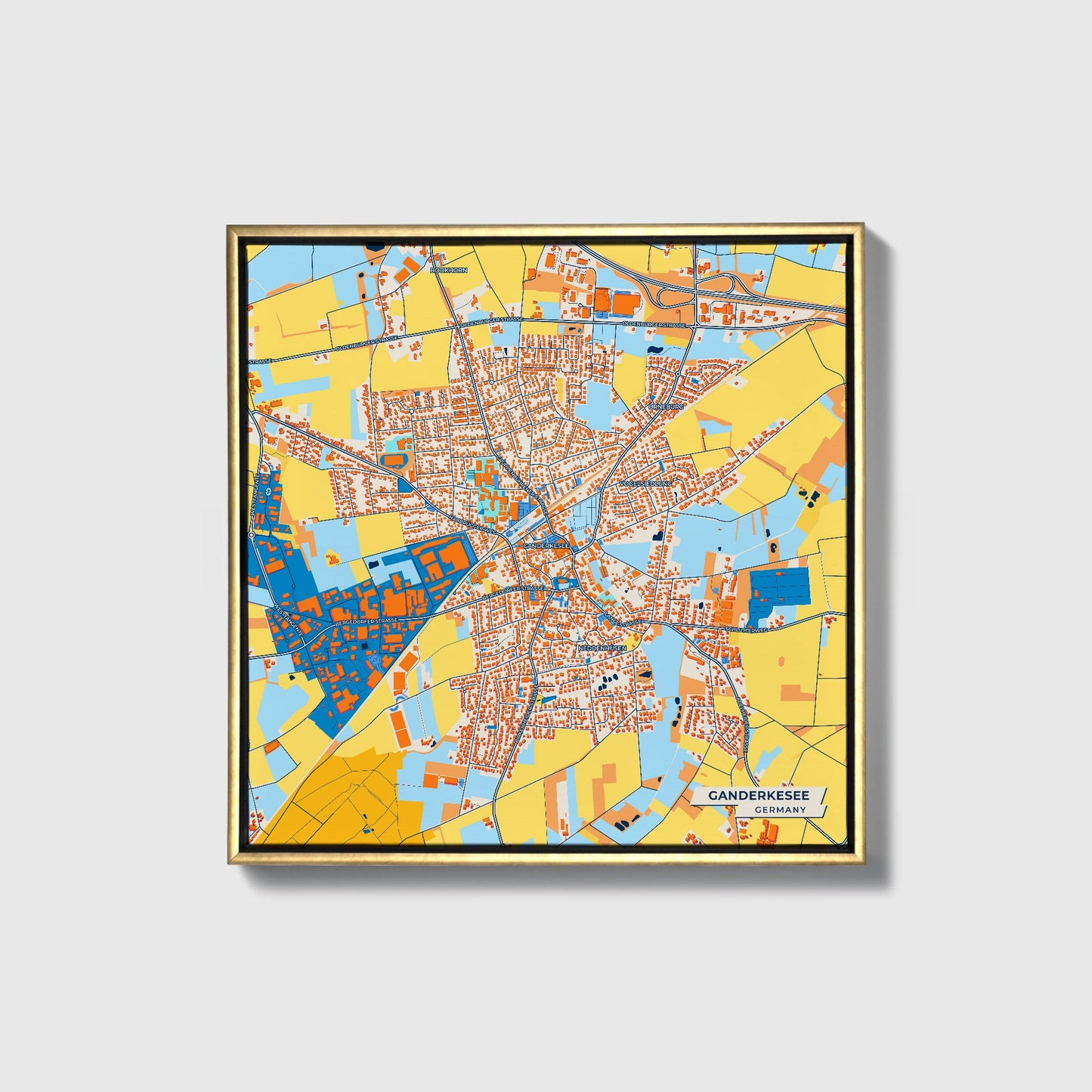 Ganderkesee Germany Colorful City Map Canvas Print • Gold Framed