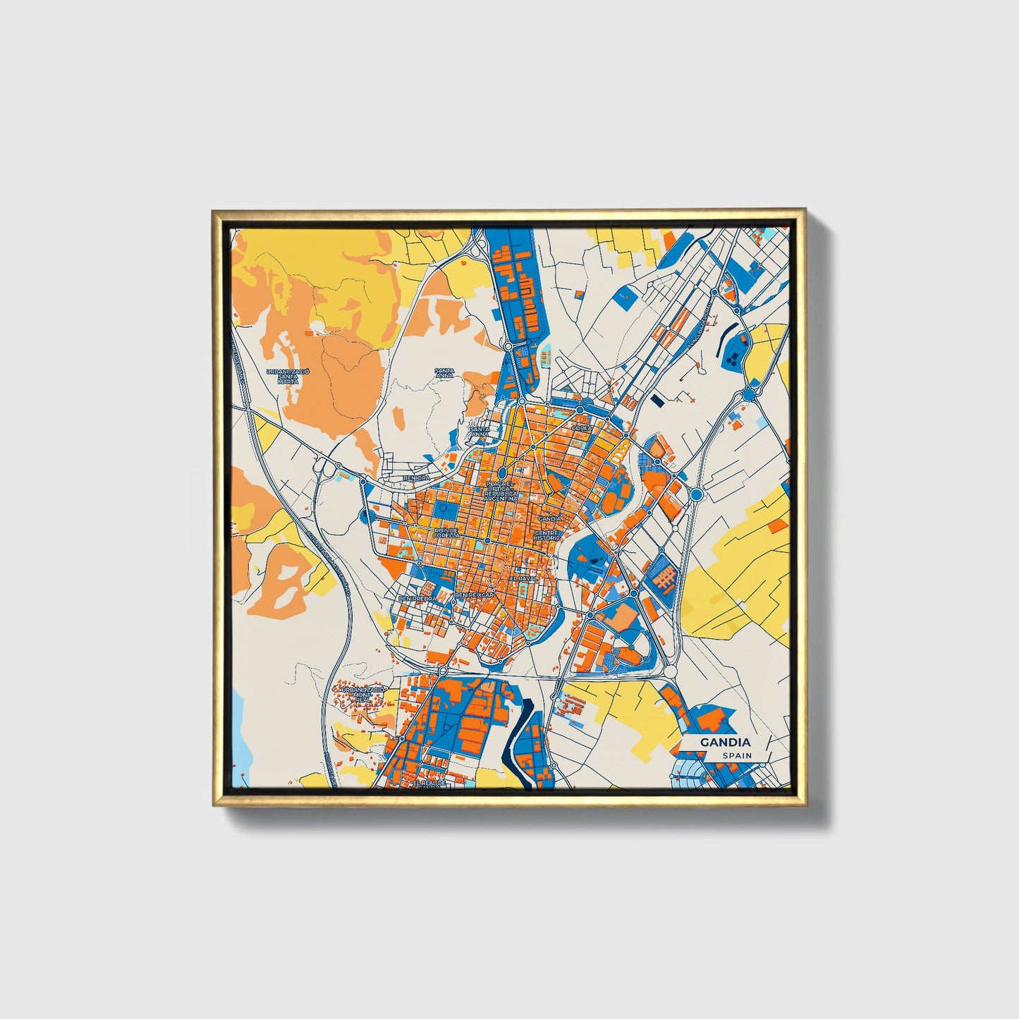 Gandia Spain Colorful City Map Canvas Print • Gold Framed