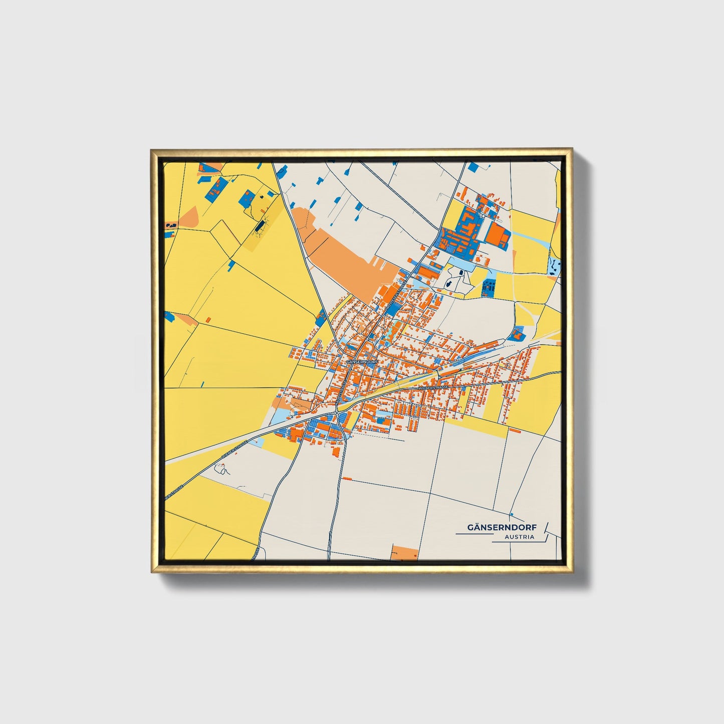 Gänserndorf Austria Colorful City Map Canvas Print • Gold Framed