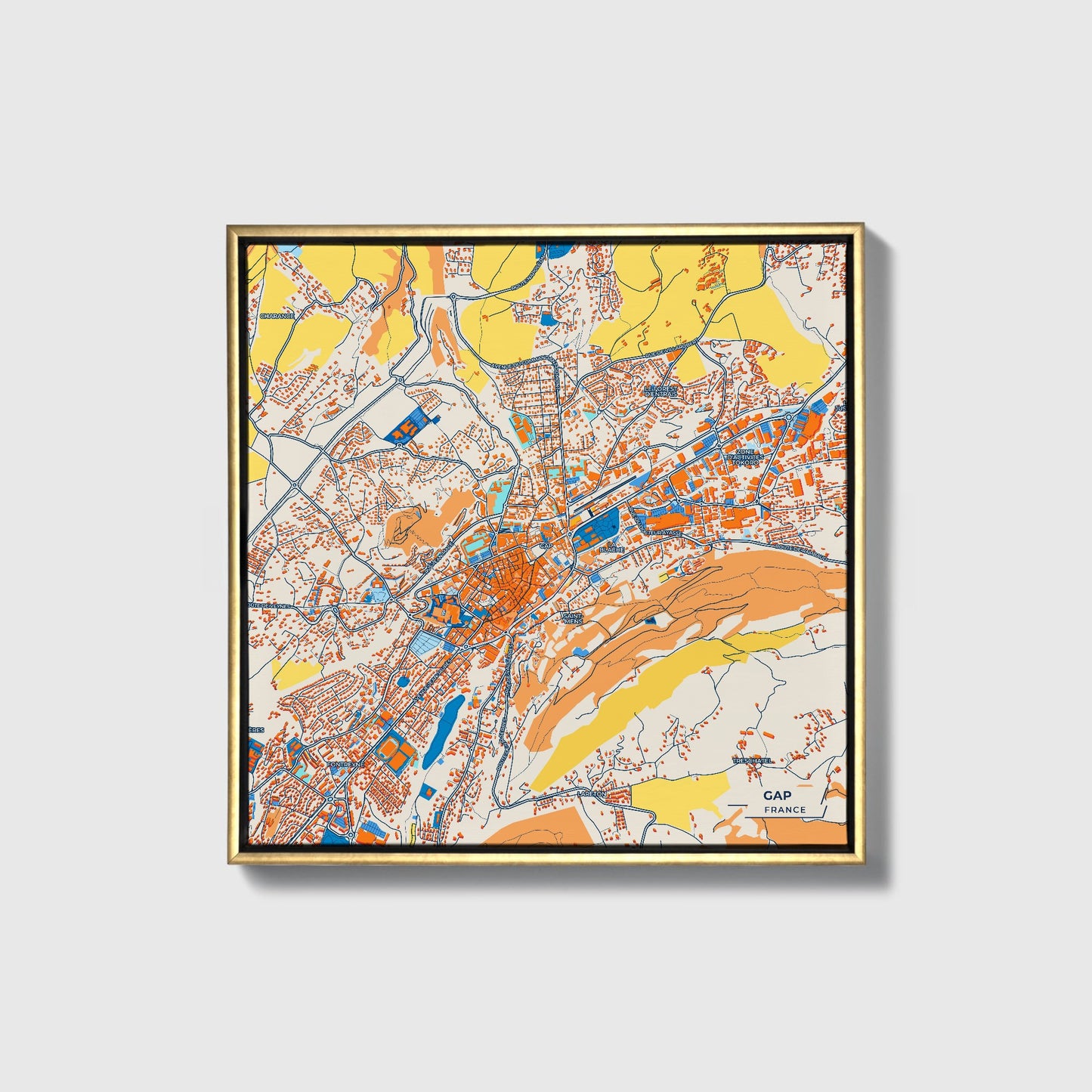 Gap France Colorful City Map Canvas Print • Gold Framed