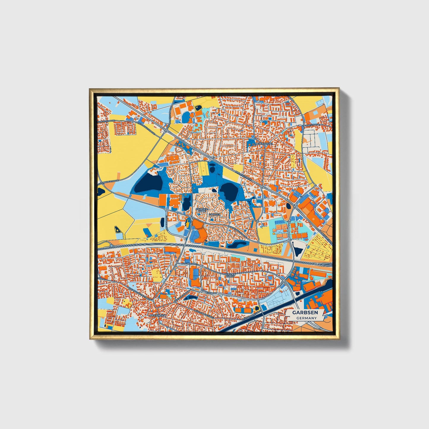 Garbsen Germany Colorful City Map Canvas Print • Gold Framed