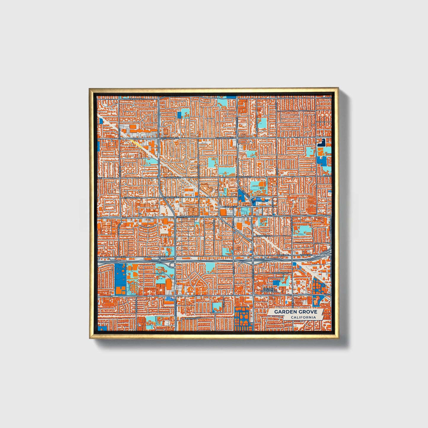 Garden Grove California Colorful City Map Canvas Print • Gold Framed