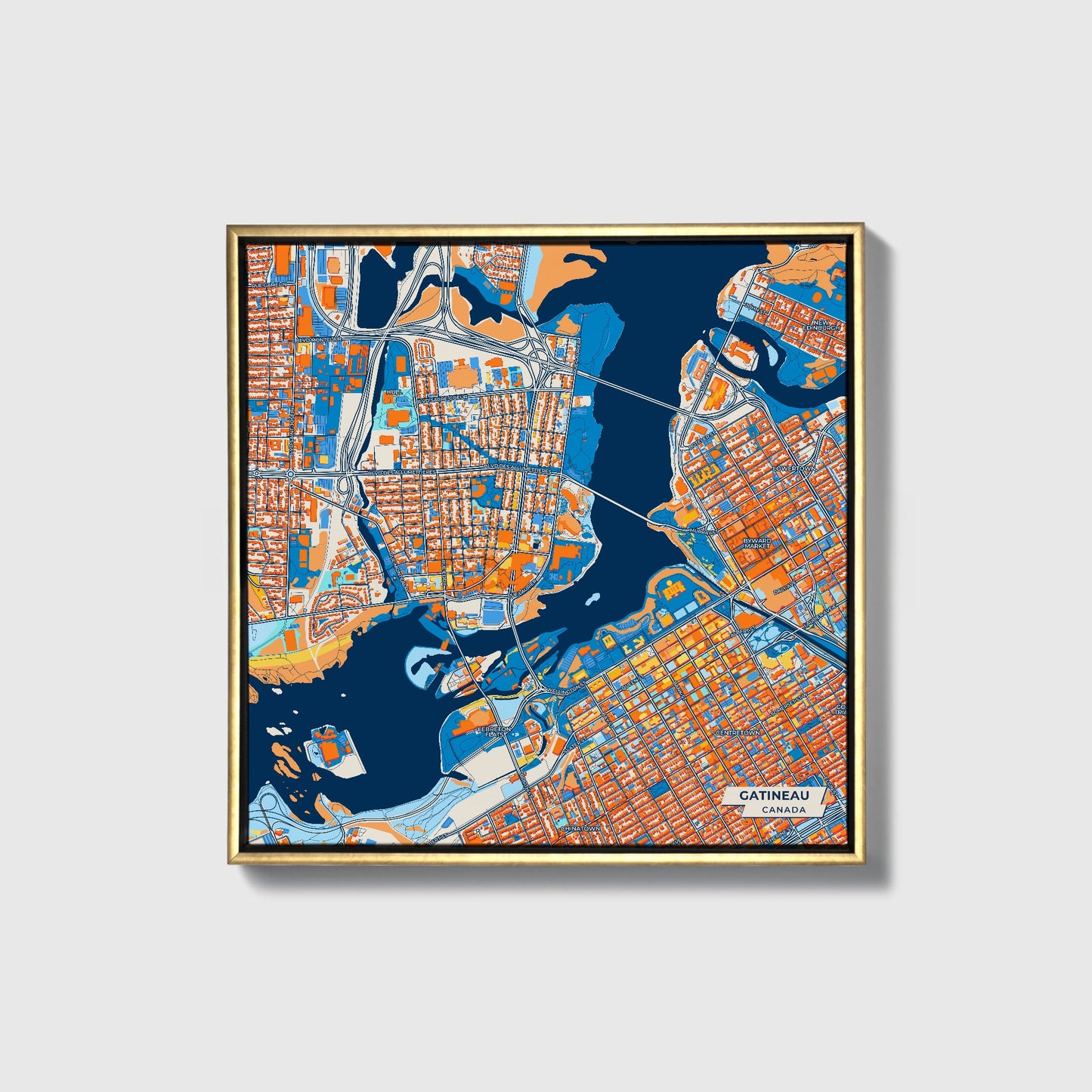 Gatineau Canada Colorful City Map Canvas Print • Gold Framed