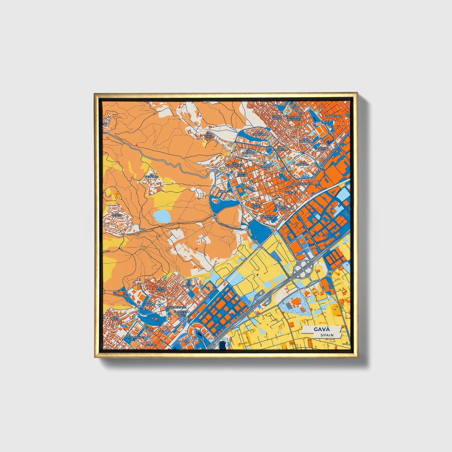 Gavà Spain Colorful City Map Canvas Print • Gold Framed