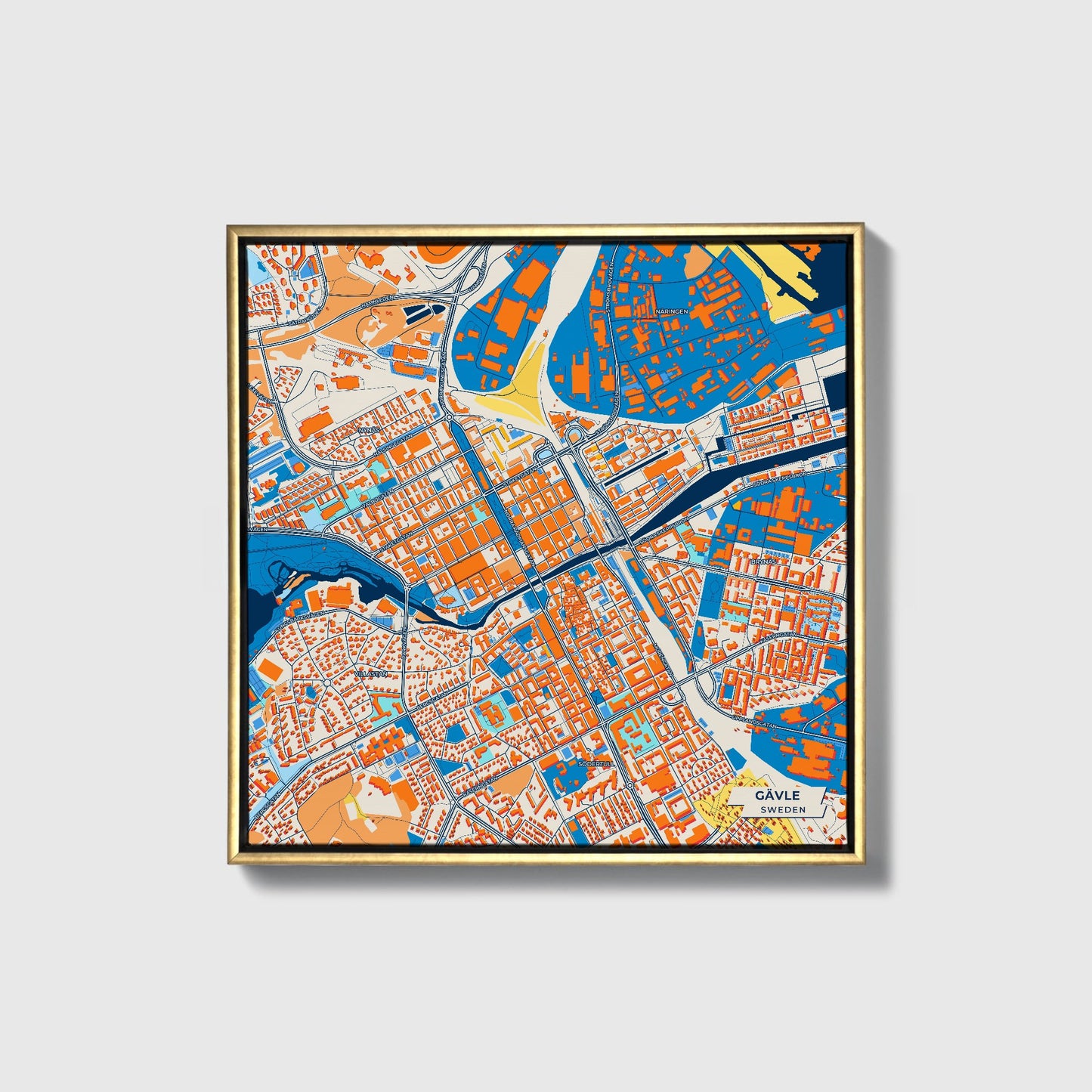 Gävle Sweden Colorful City Map Canvas Print • Gold Framed