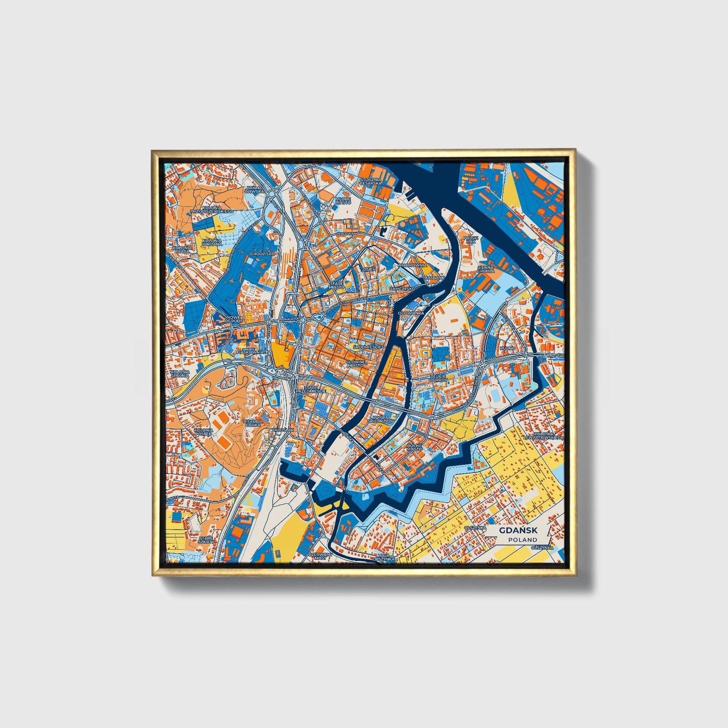 Gdańsk Poland Colorful City Map Canvas Print • Gold Framed