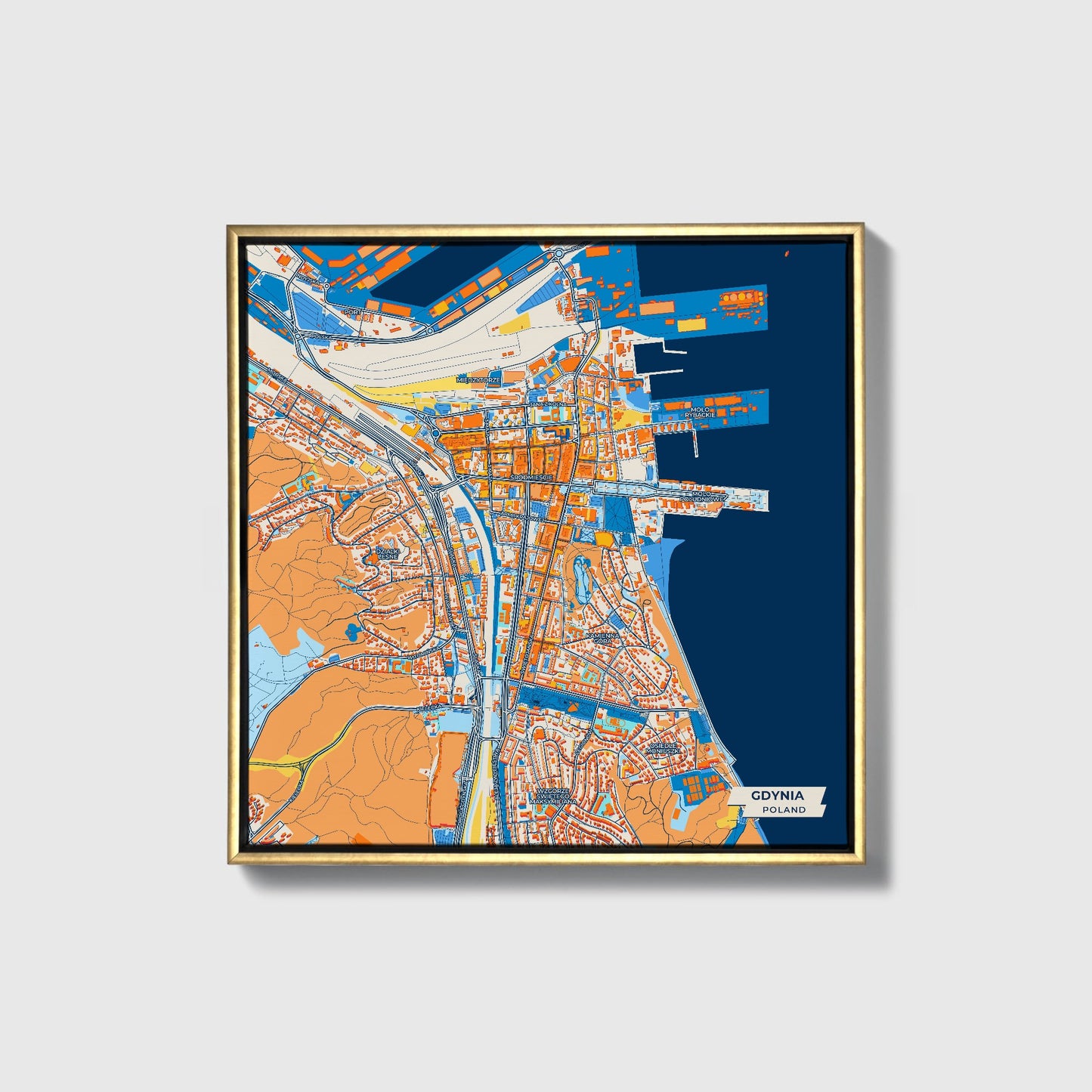 Gdynia Poland Colorful City Map Canvas Print • Gold Framed