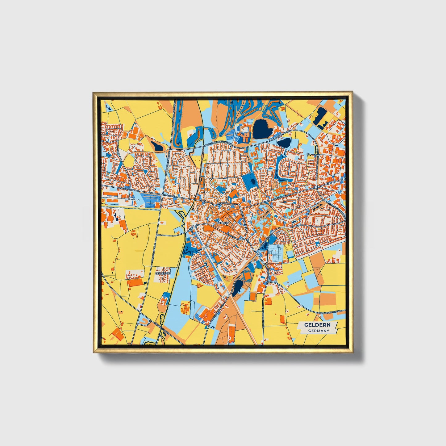 Geldern Germany Colorful City Map Canvas Print • Gold Framed