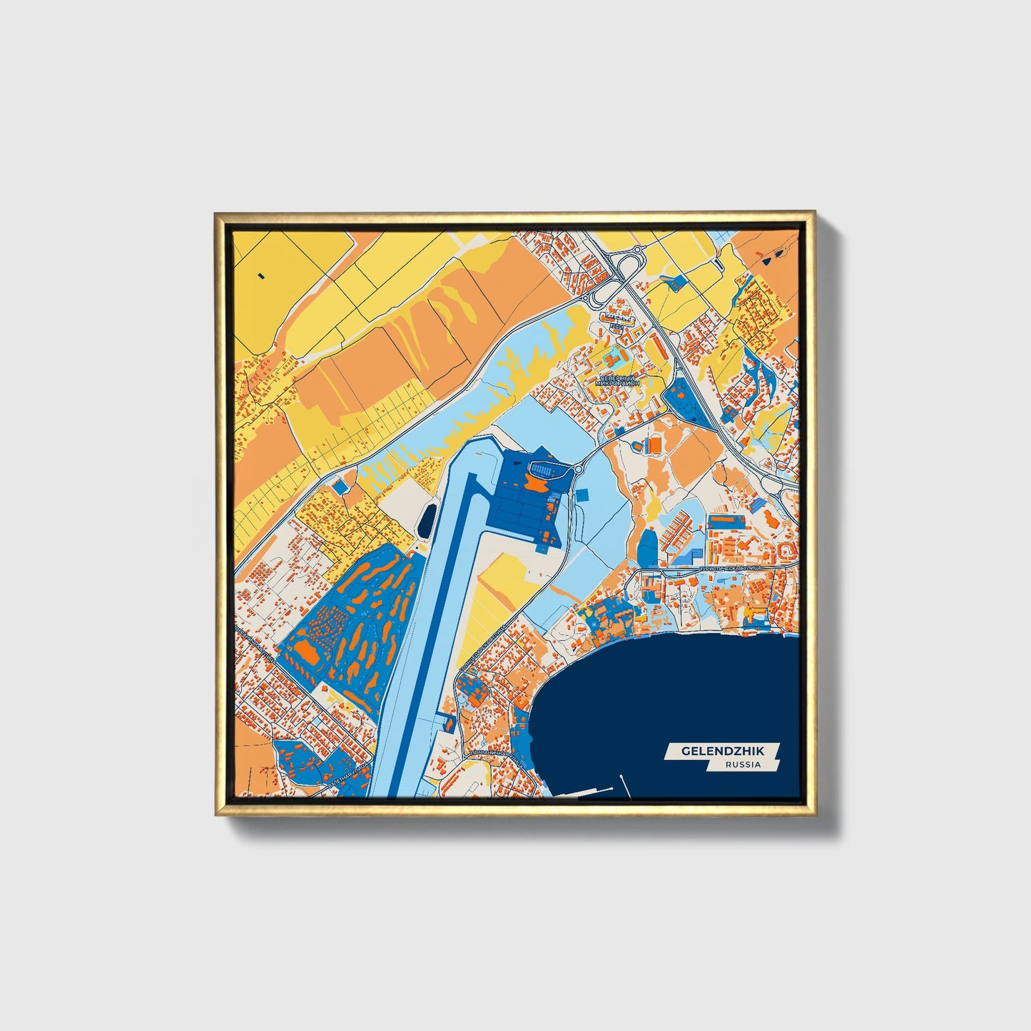 Gelendzhik Russia Colorful City Map Canvas Print • Gold Framed