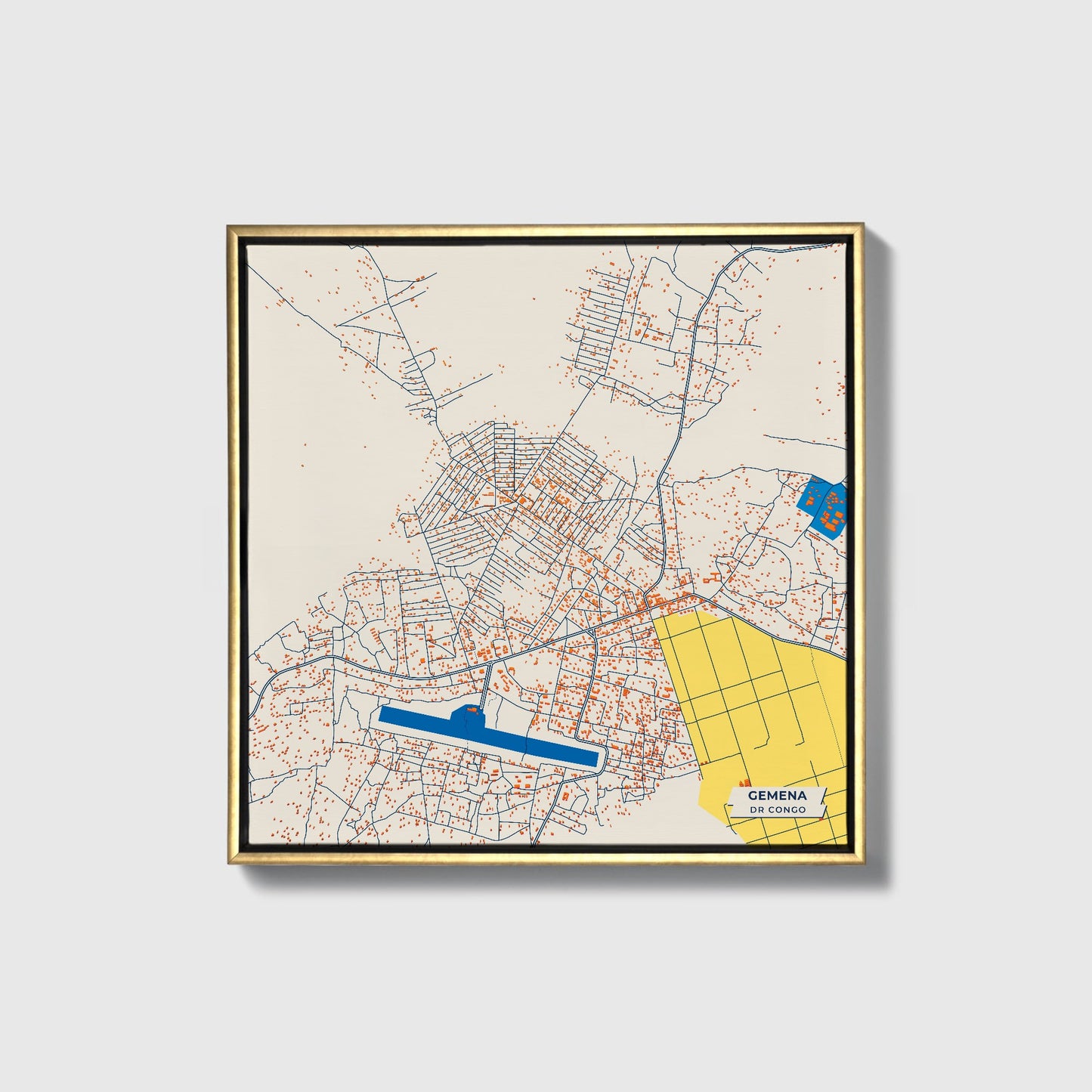 Gemena Dr Congo Colorful City Map Canvas Print • Gold Framed