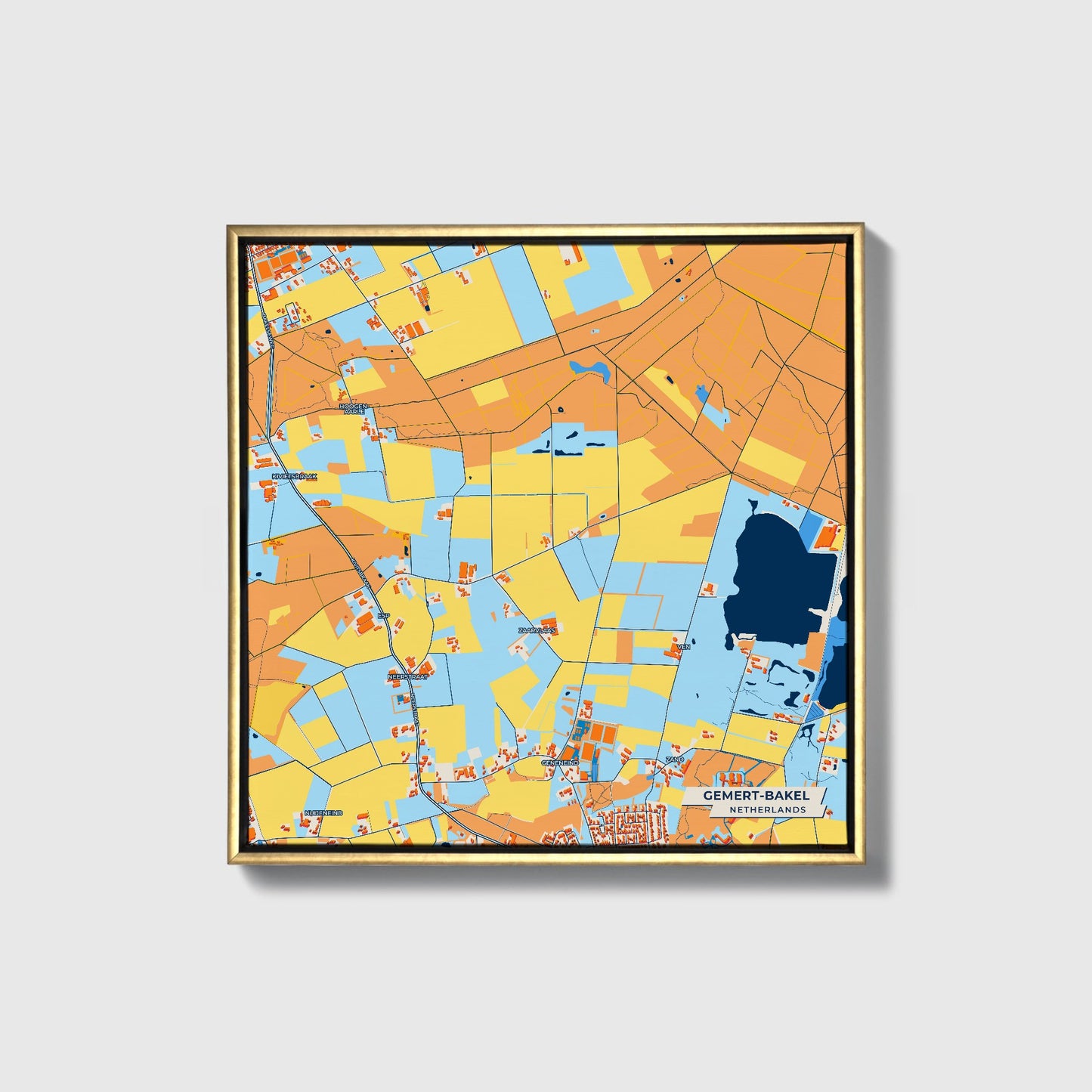 Gemert-Bakel Netherlands Colorful City Map Canvas Print • Gold Framed