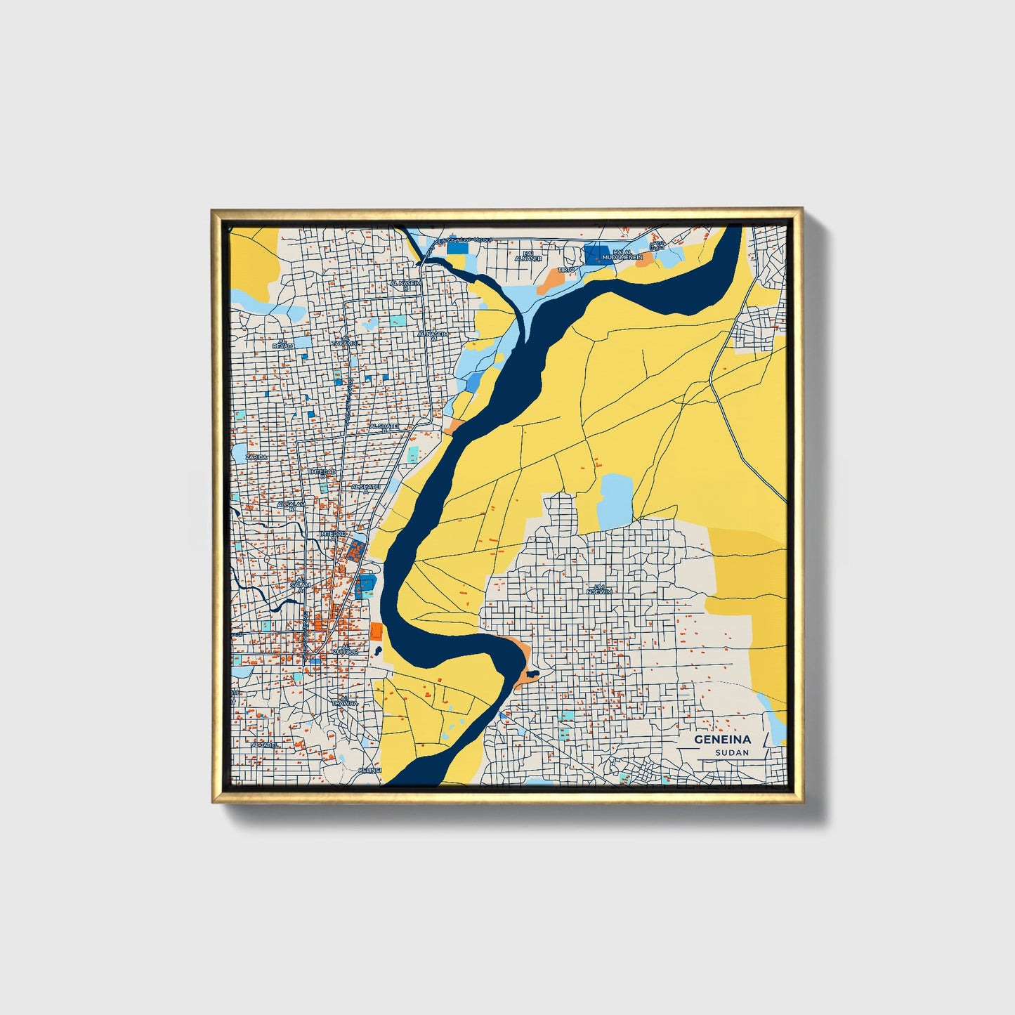 Geneina Sudan Colorful City Map Canvas Print • Gold Framed