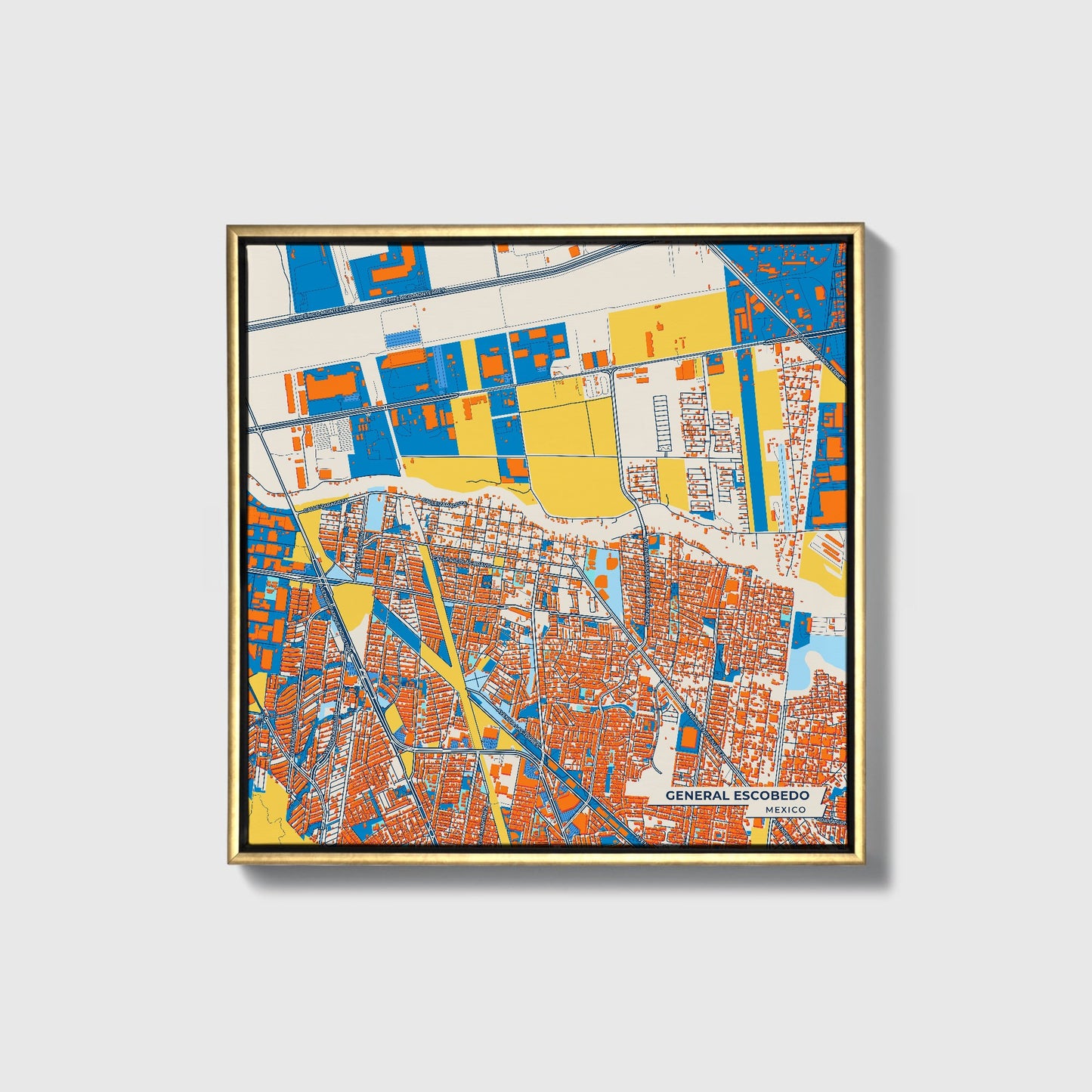 General Escobedo Mexico Colorful City Map Canvas Print • Gold Framed
