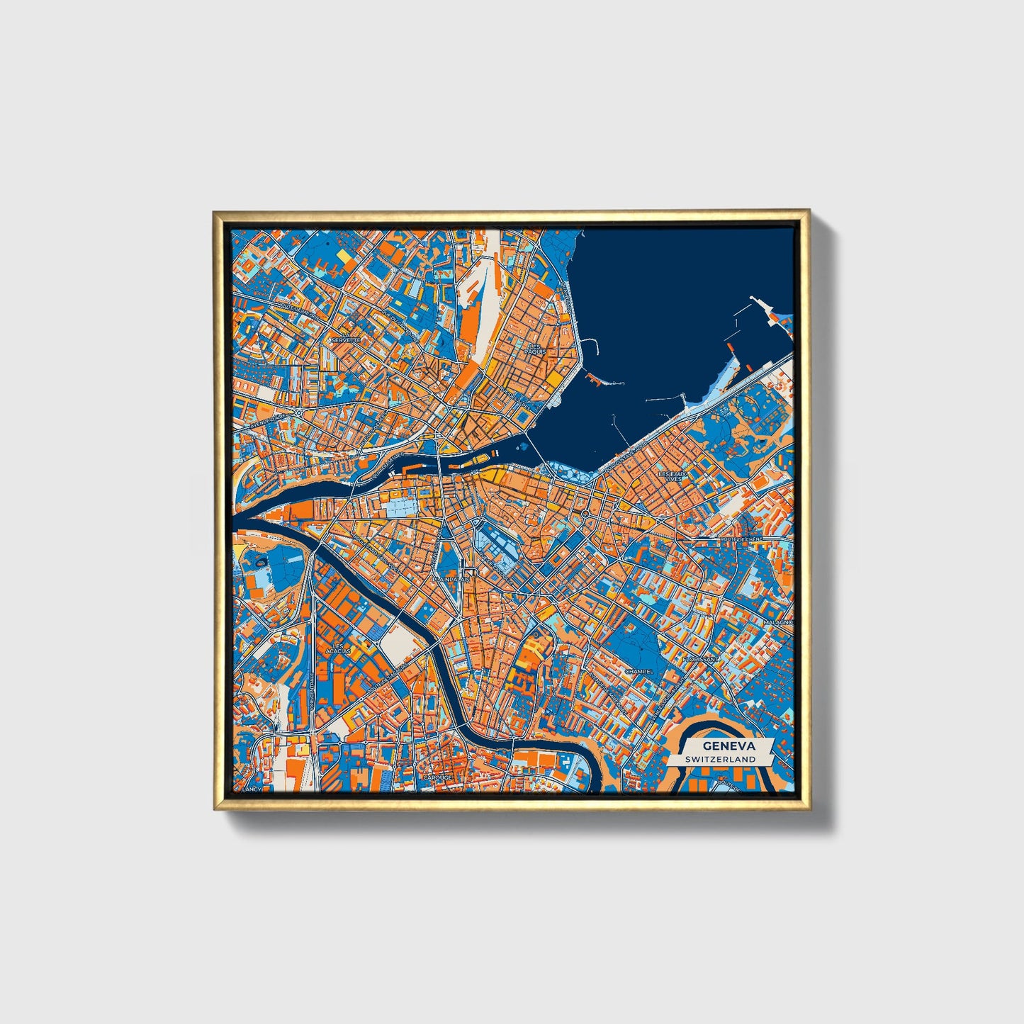 Genf Switzerland Colorful City Map Canvas Print • Gold Framed