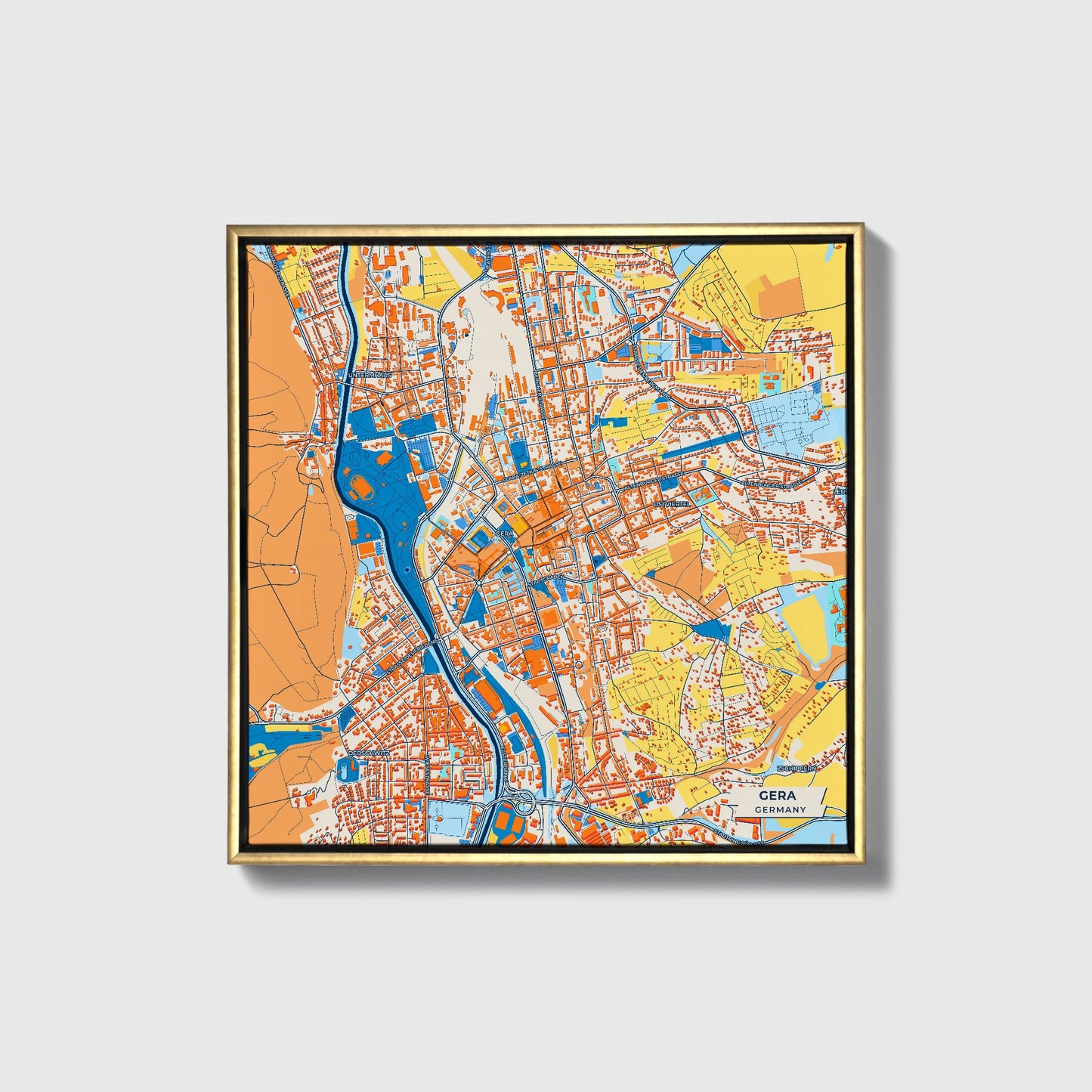 Gera Germany Colorful City Map Canvas Print • Gold Framed