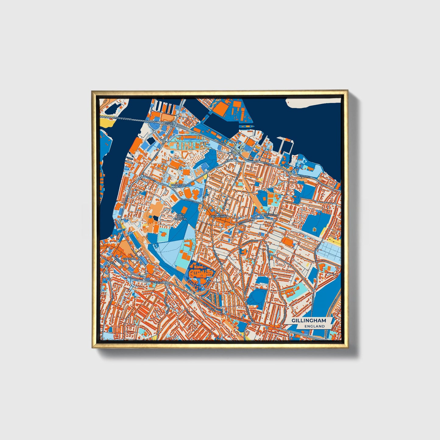 Gillingham England Colorful City Map Canvas Print • Gold Framed