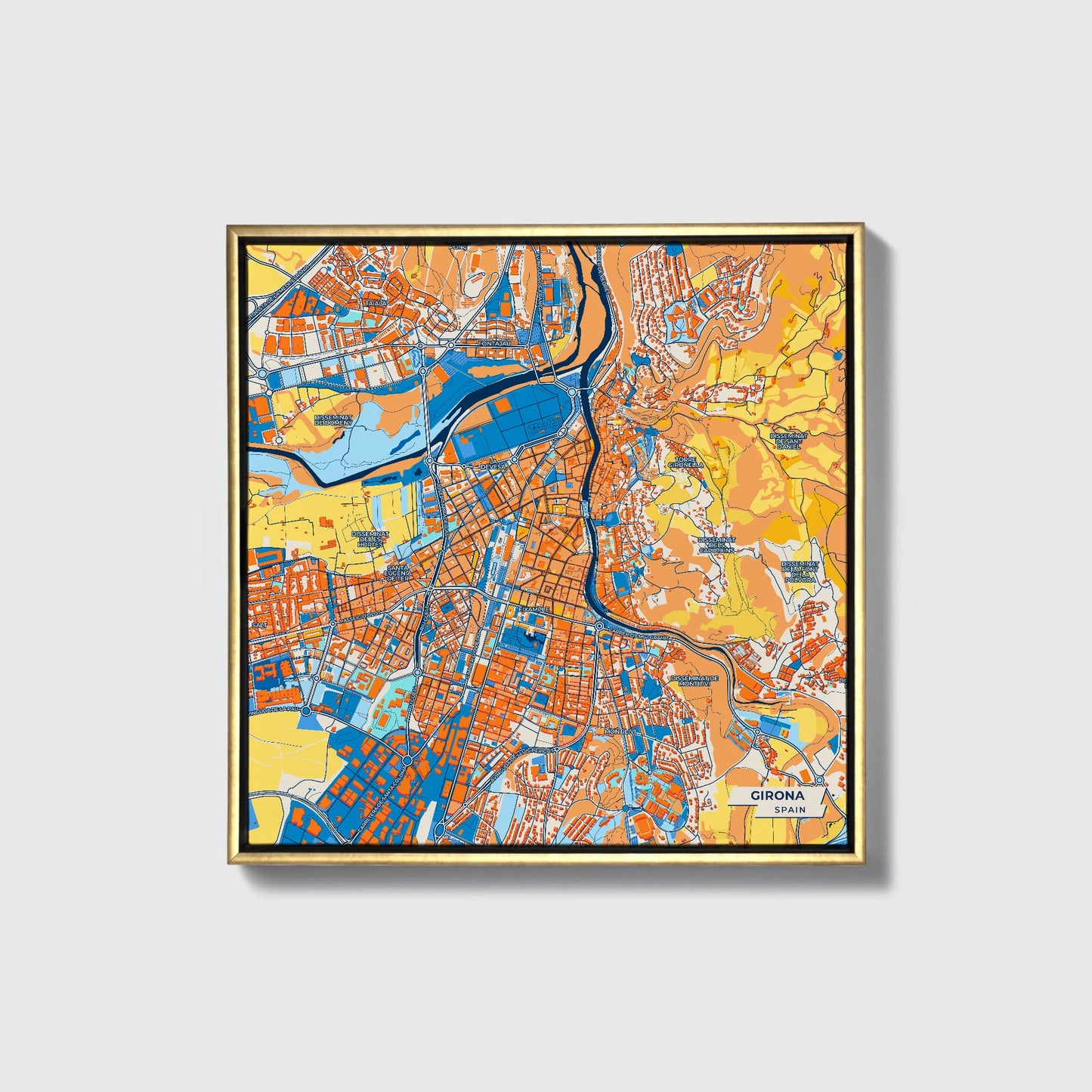 Girona Spain Colorful City Map Canvas Print • Gold Framed