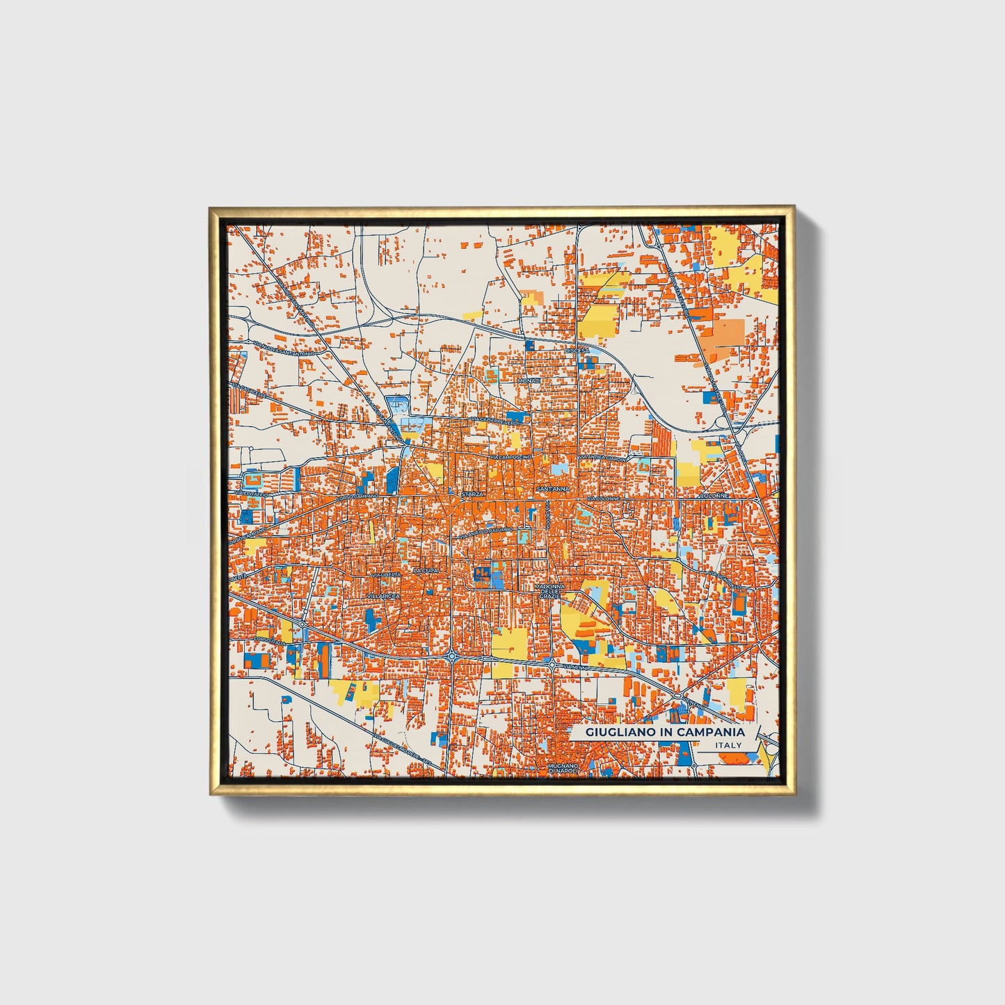Giugliano In Campania Italy Colorful City Map Canvas Print • Gold Framed