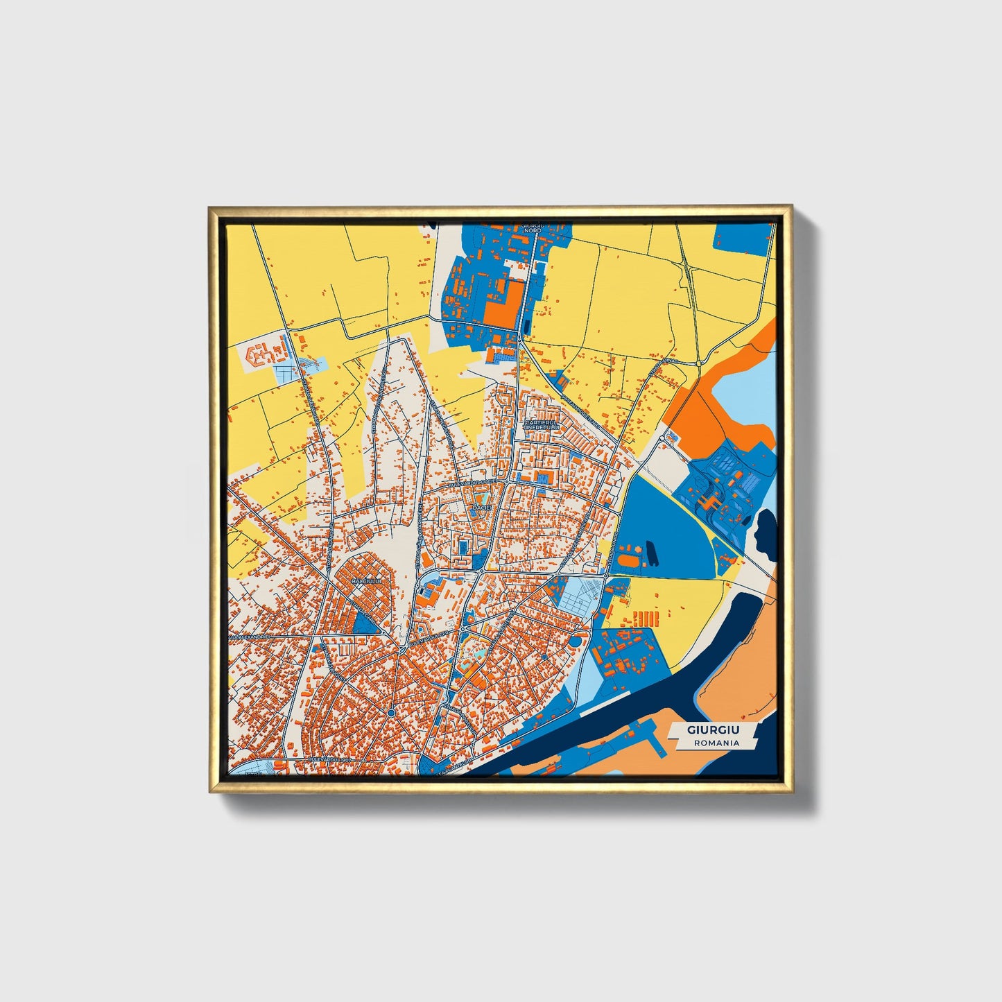 Giurgiu Romania Colorful City Map Canvas Print • Gold Framed