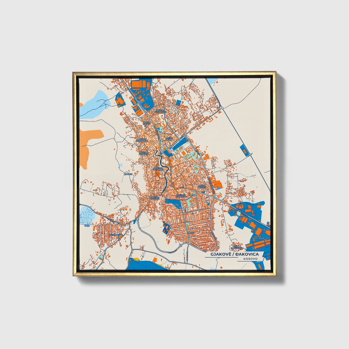 Gjakovë Kosovo Colorful City Map Canvas Print • Gold Framed