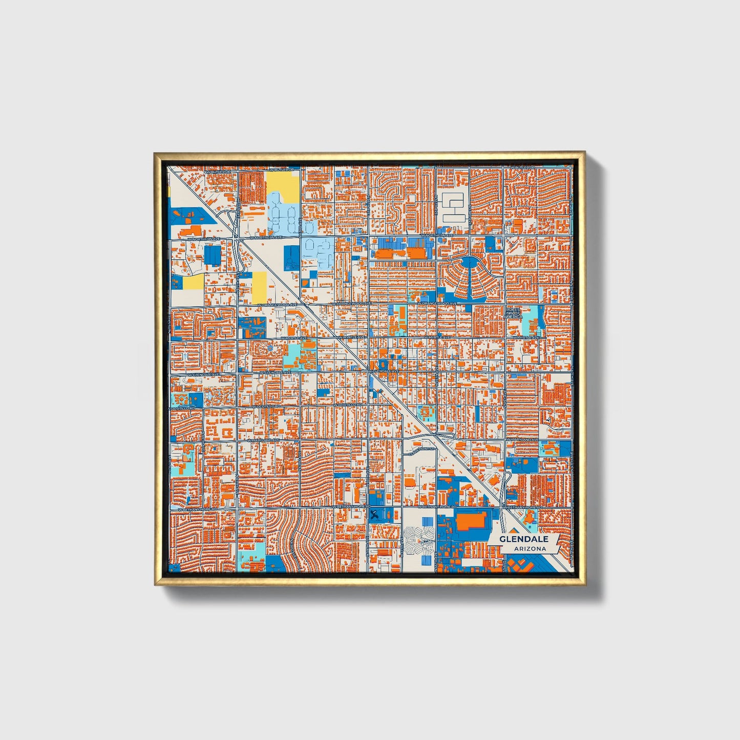 Glendale Arizona Colorful City Map Canvas Print • Gold Framed