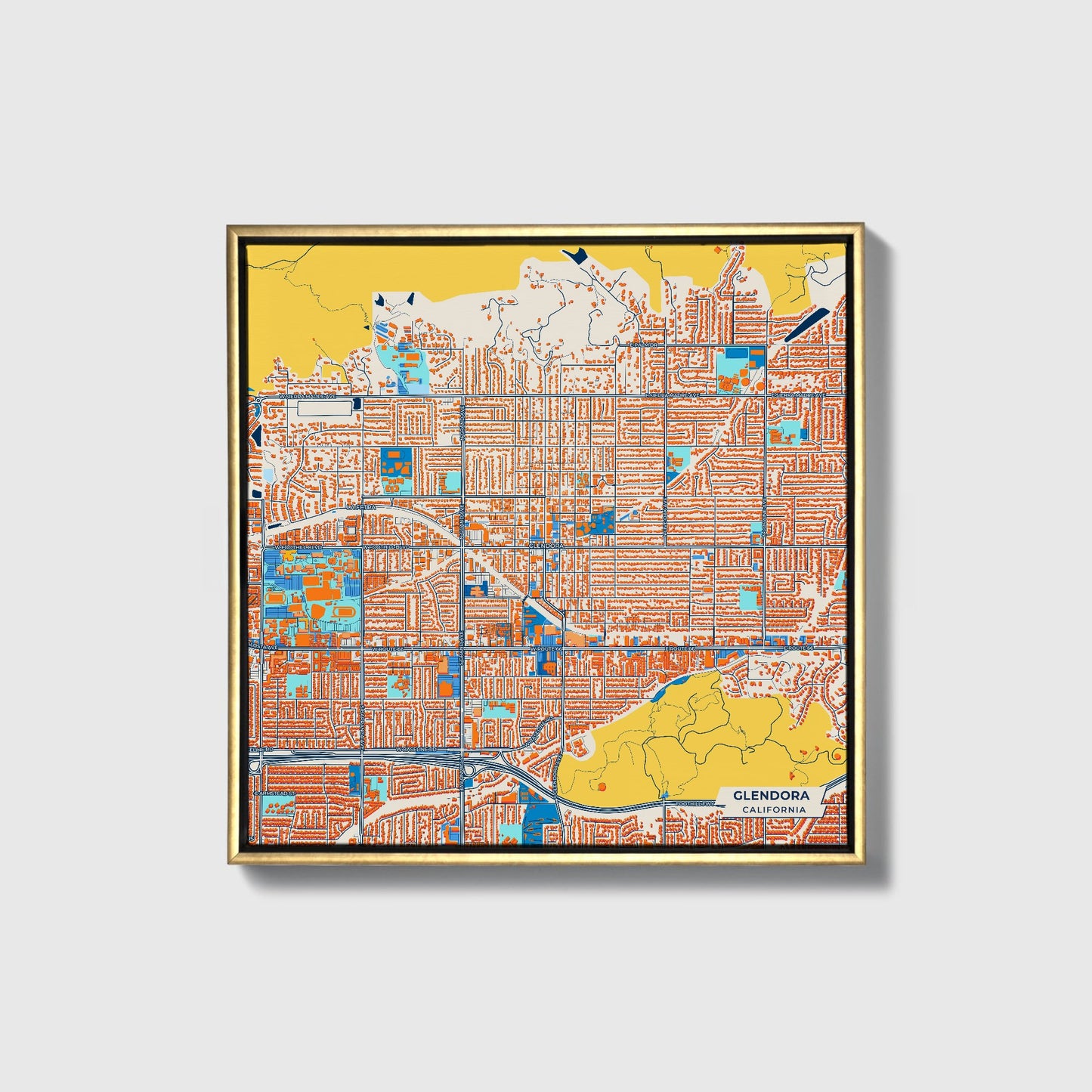 Glendora California Colorful City Map Canvas Print • Gold Framed