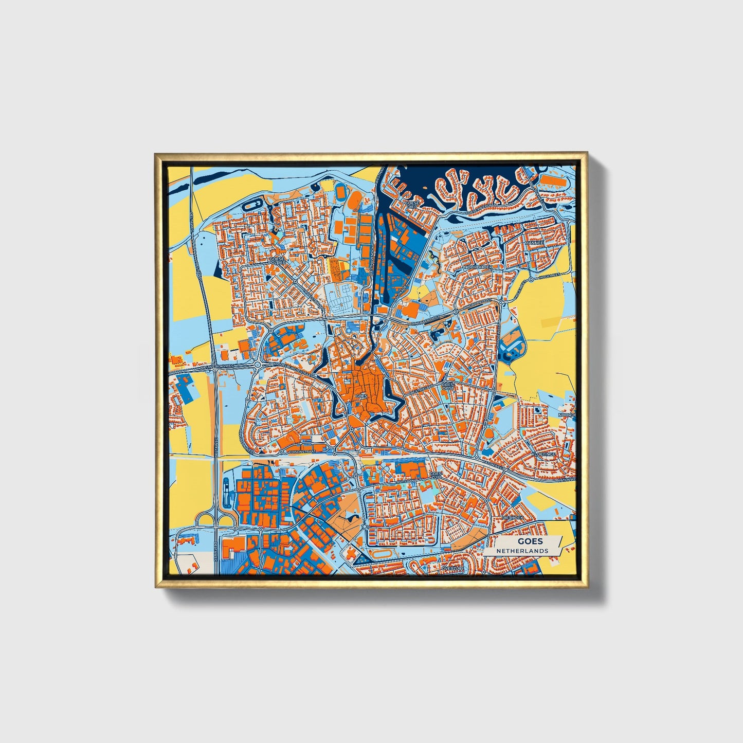 Goes Netherlands Colorful City Map Canvas Print • Gold Framed