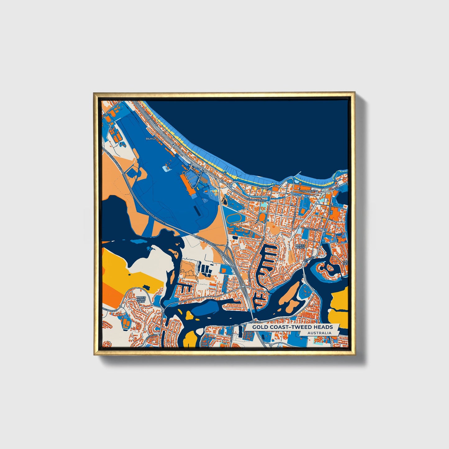 Gold Coast–Tweed Heads Australia Colorful City Map Canvas Print • Gold Framed