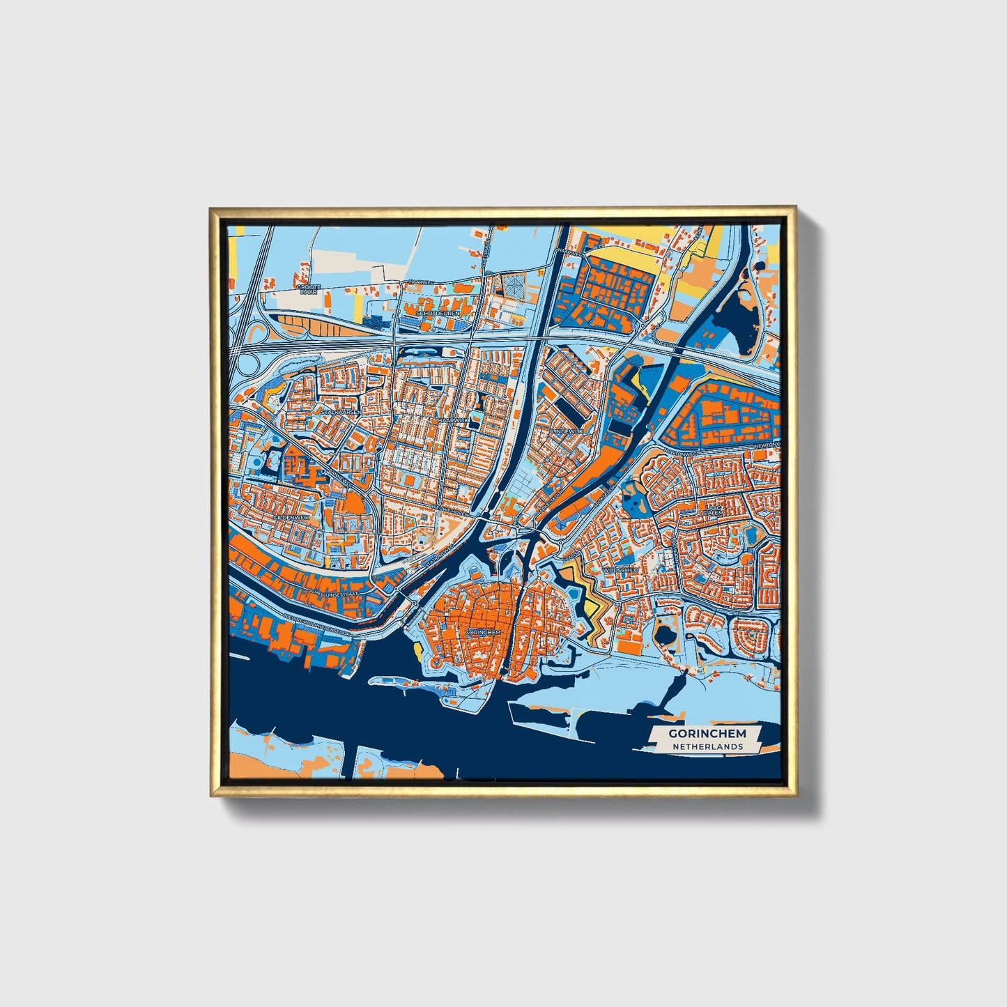 Gorinchem Netherlands Colorful City Map Canvas Print • Gold Framed