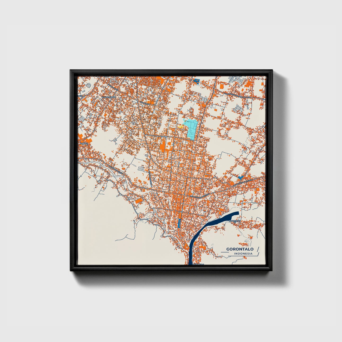 Gorontalo Indonesia Colorful City Map Canvas Print • Black Framed