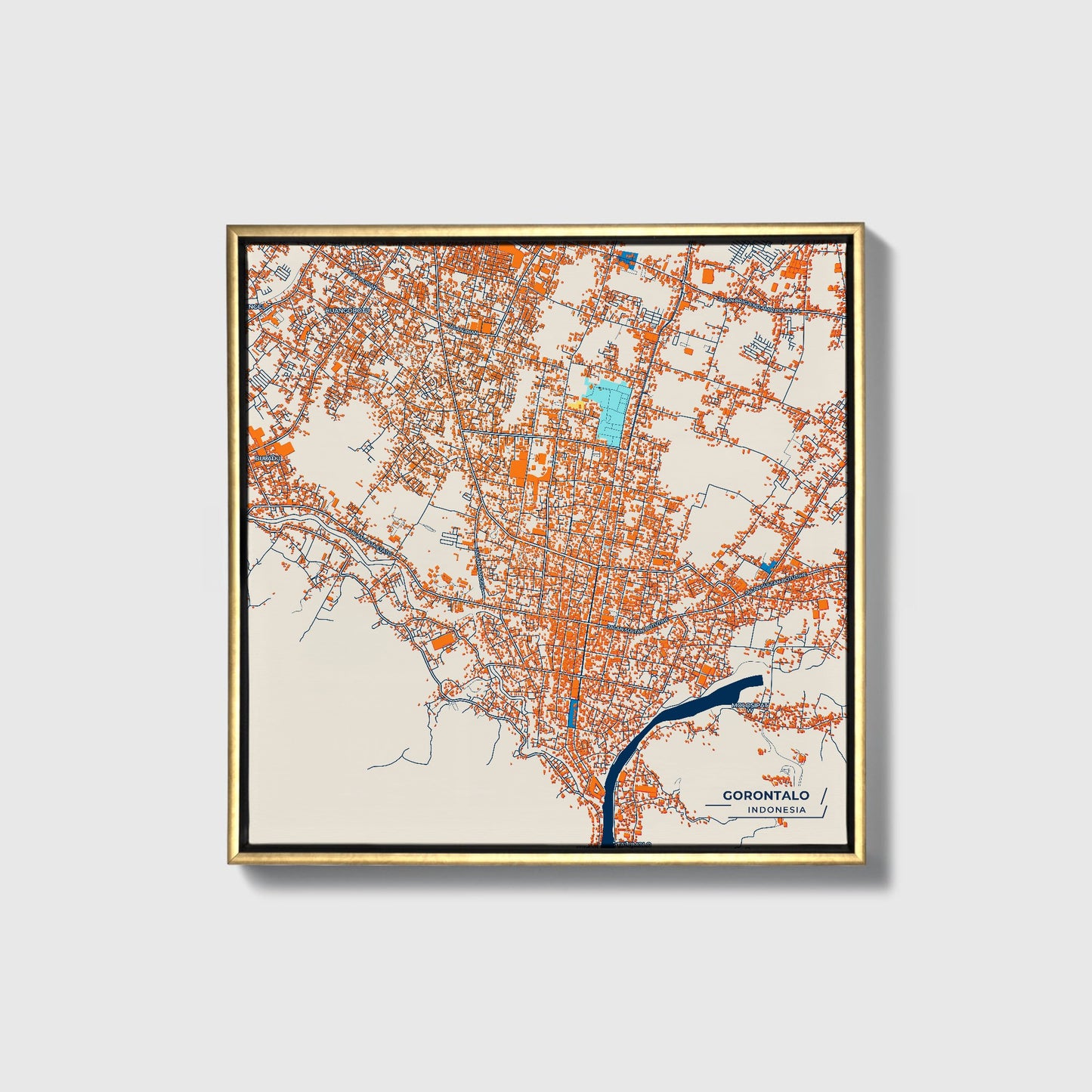 Gorontalo Indonesia Colorful City Map Canvas Print • Gold Framed