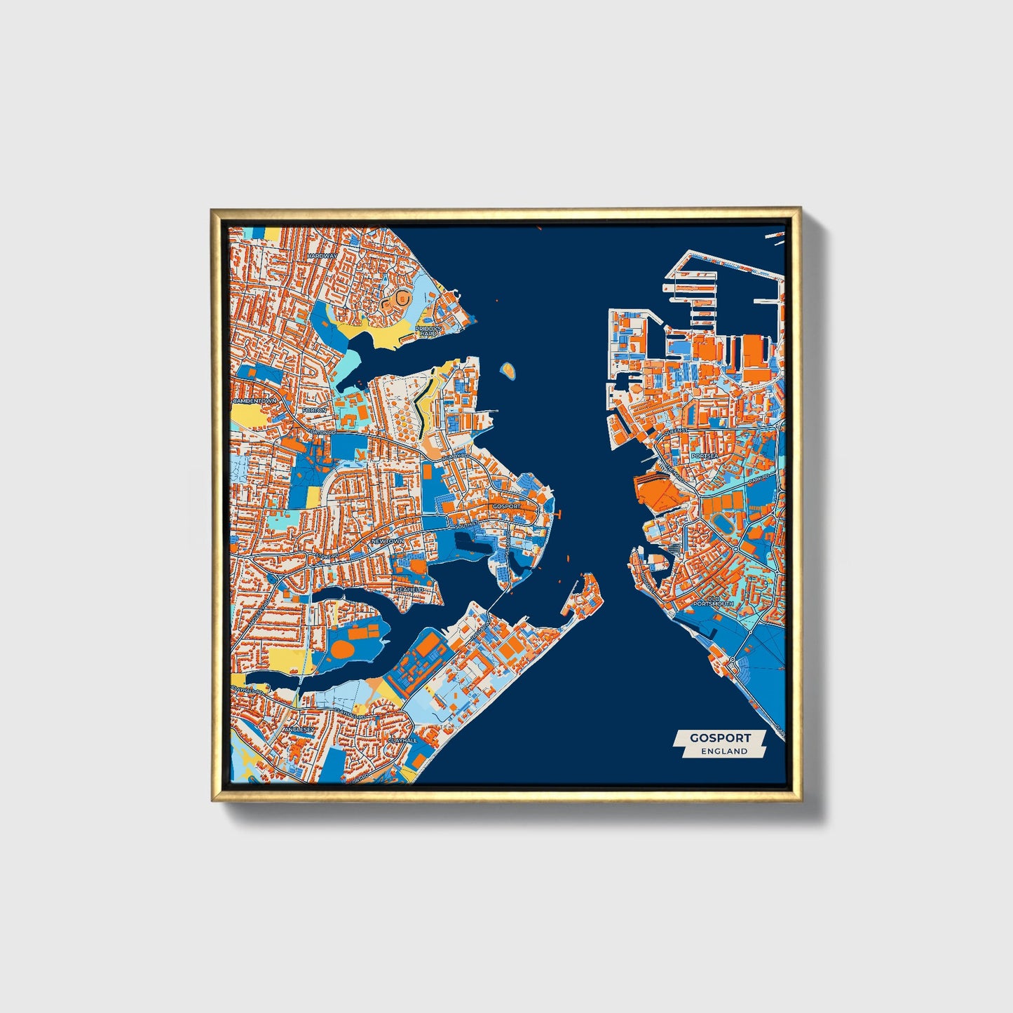 Gosport England Colorful City Map Canvas Print • Gold Framed