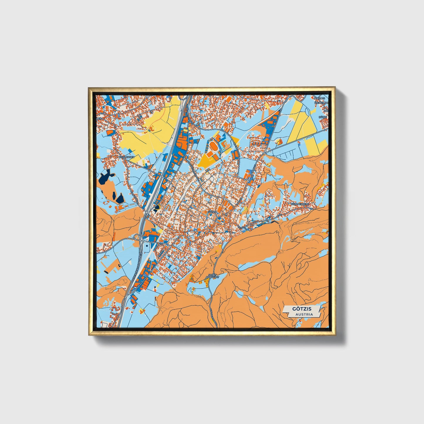 Götzis Austria Colorful City Map Canvas Print • Gold Framed