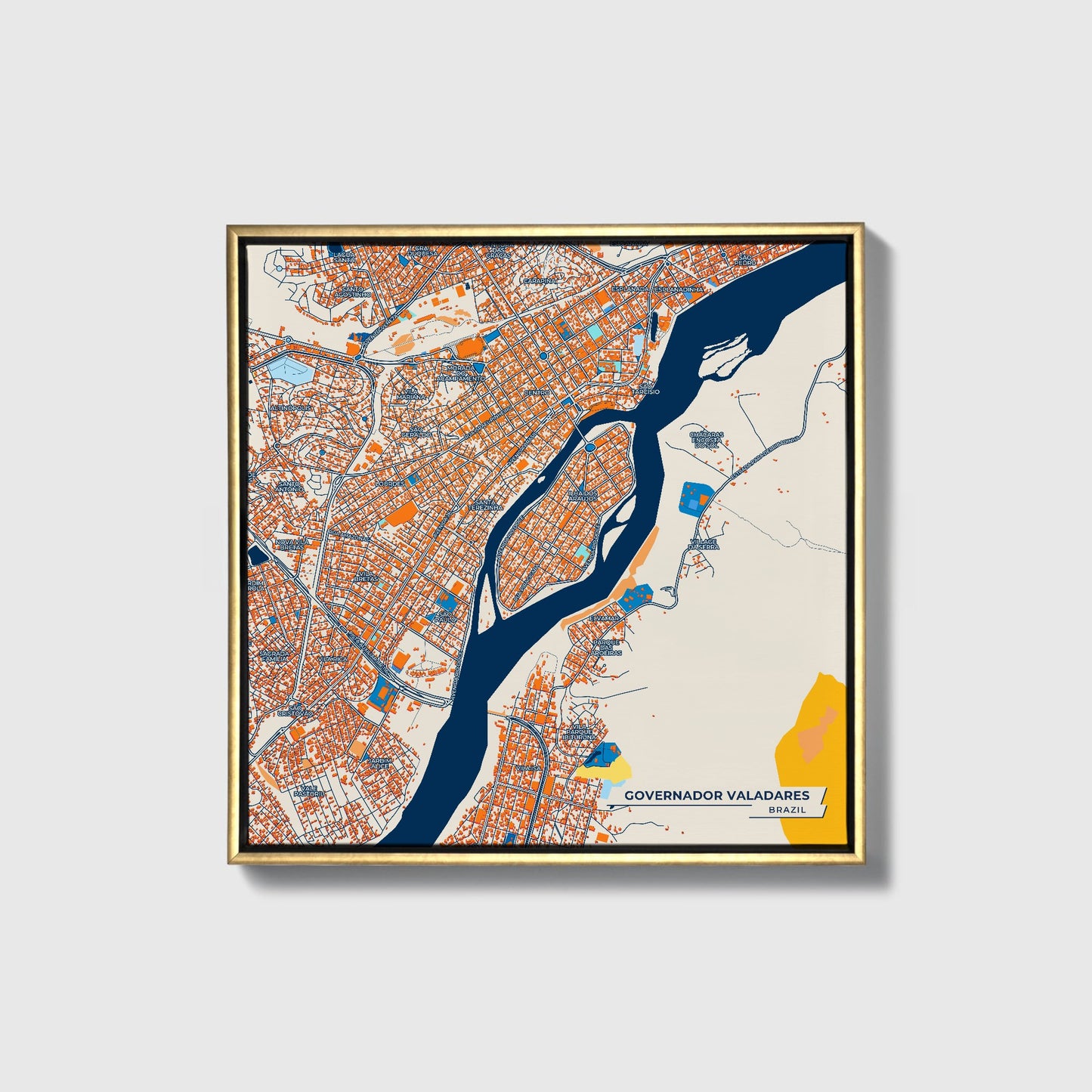 Governador Valadares Brazil Colorful City Map Canvas Print • Gold Framed