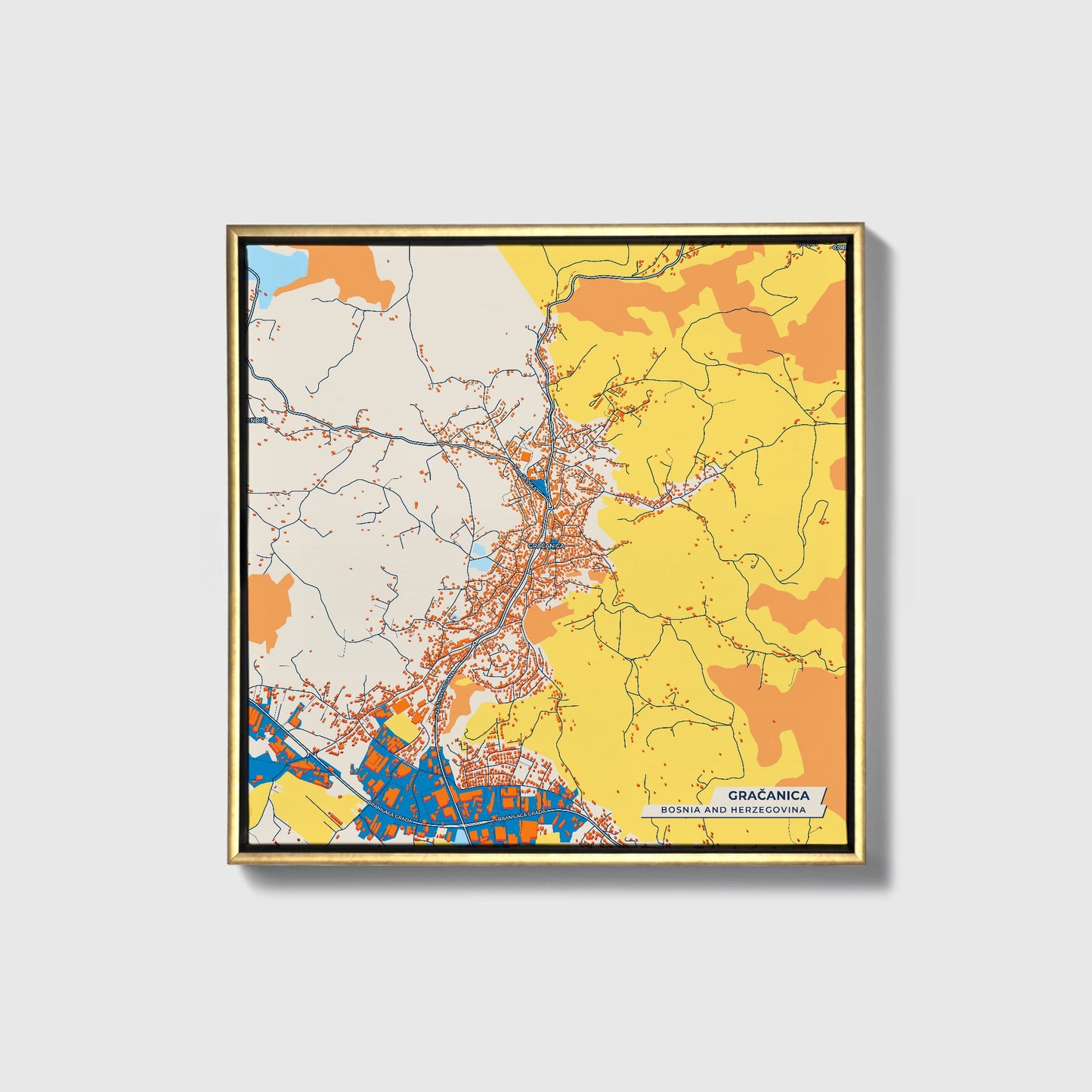 Gračanica Bosnia And Herzegovina Colorful City Map Canvas Print • Gold Framed