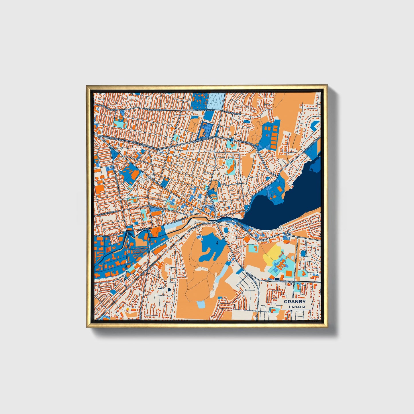 Granby Canada Colorful City Map Canvas Print • Gold Framed