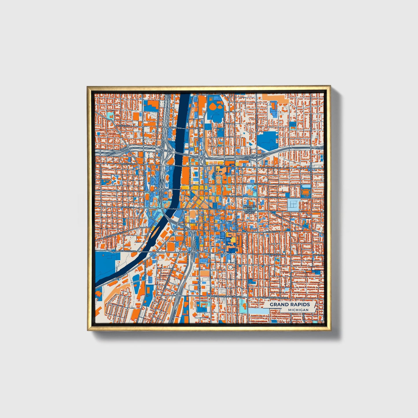 Grand Rapids Michigan Colorful City Map Canvas Print • Gold Framed