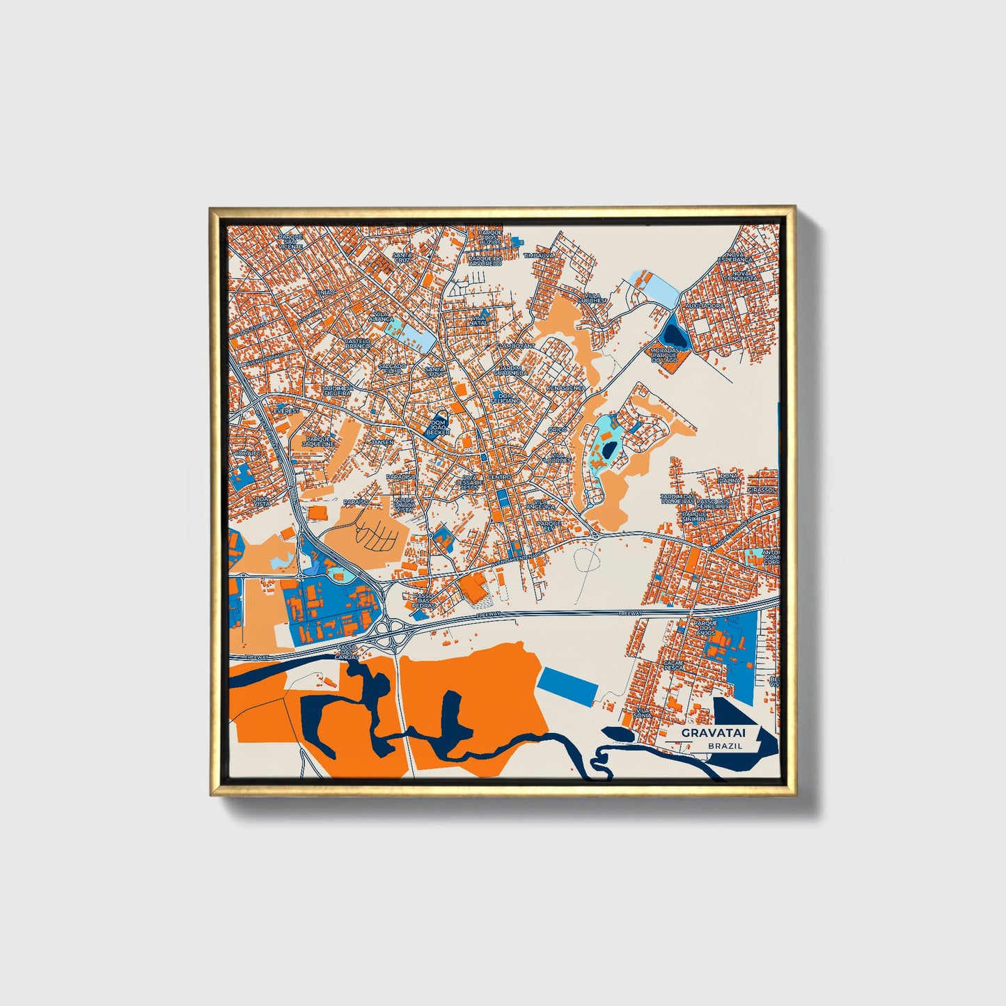 Gravatai Brazil Colorful City Map Canvas Print • Gold Framed