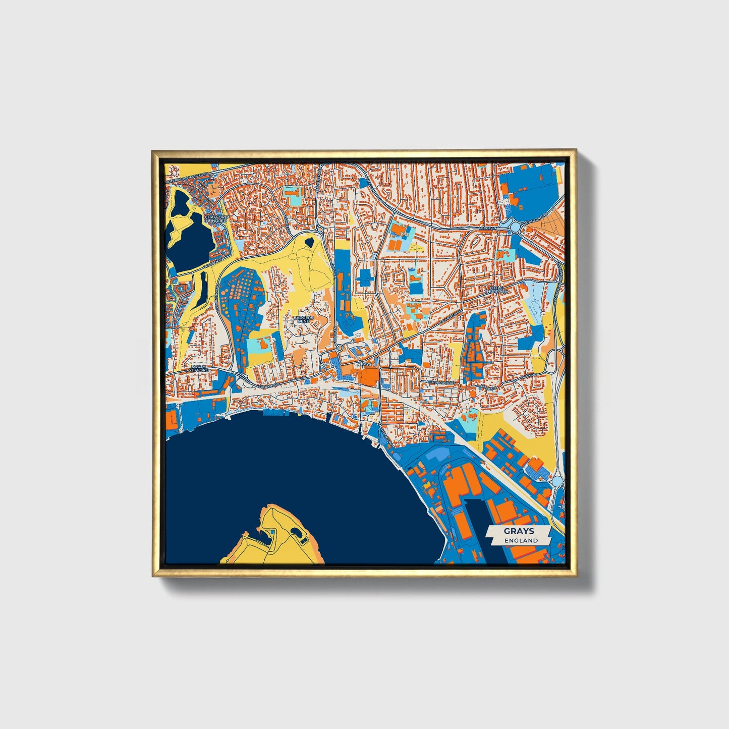 Grays England Colorful City Map Canvas Print • Gold Framed
