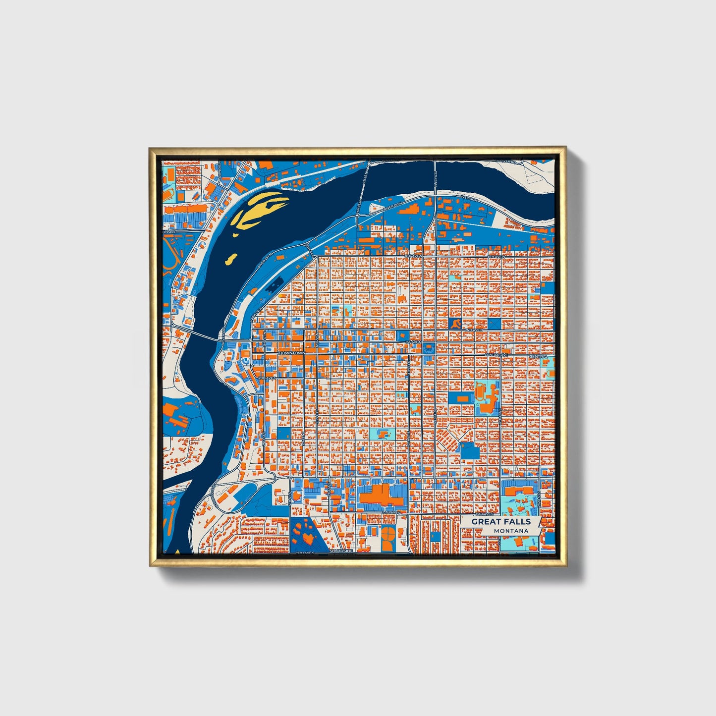 Great Falls Montana Colorful City Map Canvas Print • Gold Framed
