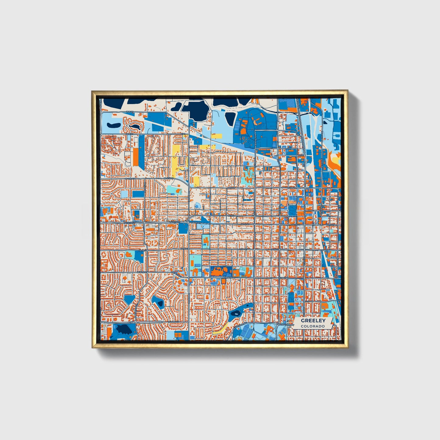 Greeley Colorado Colorful City Map Canvas Print • Gold Framed