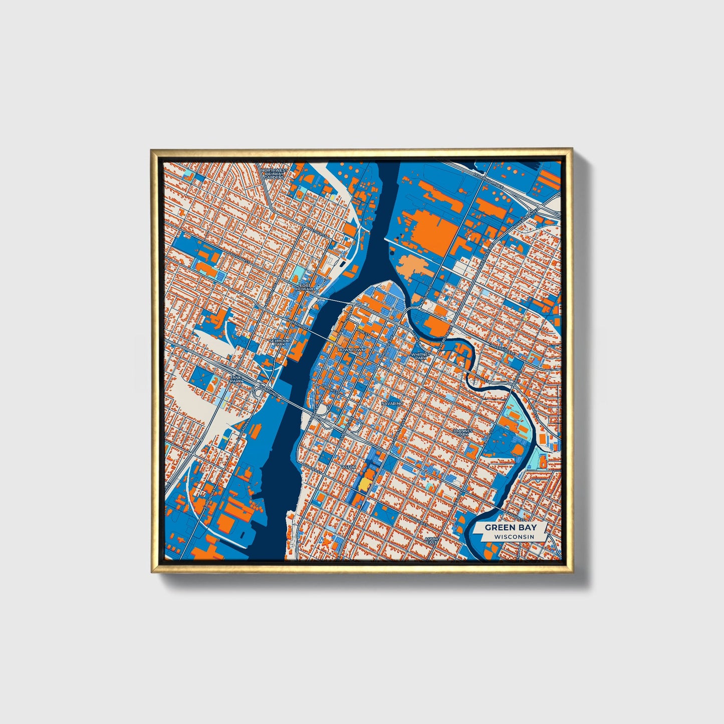 Green Bay Wisconsin Colorful City Map Canvas Print • Gold Framed